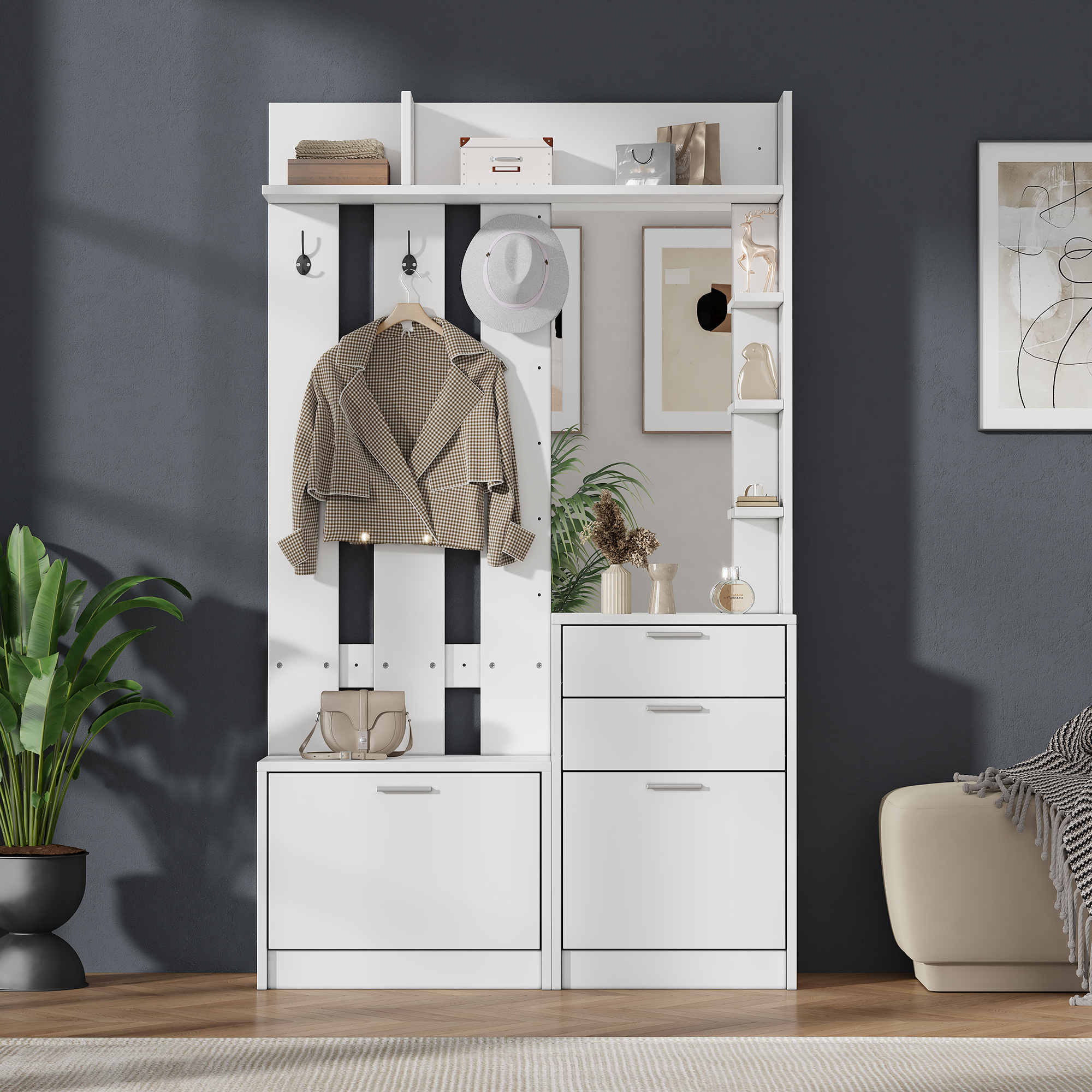 Porte-manteaux, banc à chaussures, 2 tiroirs, armoires pliables, 3