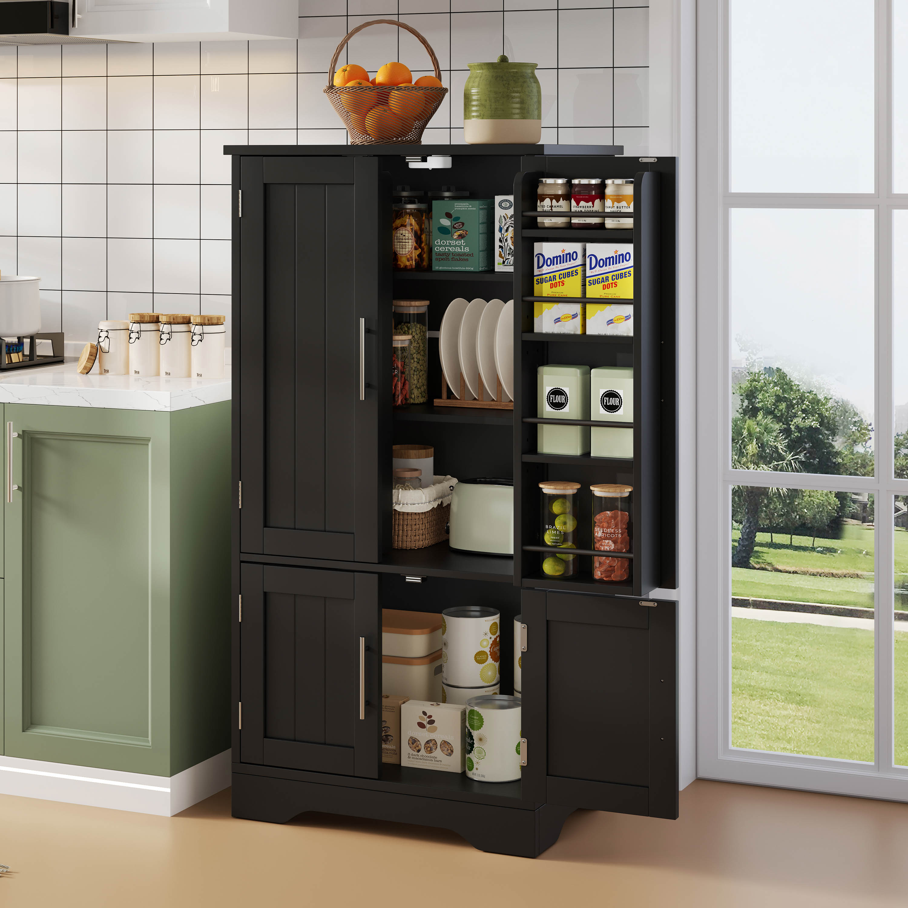 120x60x40cm Kitchen Cabinet With LED Sensor Light, Large 4-door Storage Cabinet With Adjustable Shelves & Door Shelves   Suitable For Kitchen, Dining Room Or Living Room, Black