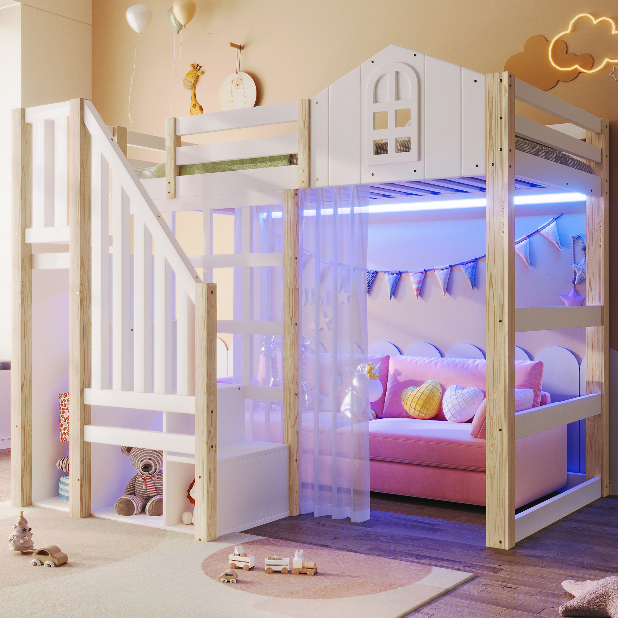 Loft Bed, 90x200cm, With LED Lights, Window Shape, Storage Ladder, Open Storage Compartment, Gauze, Without Mattress, White Natural