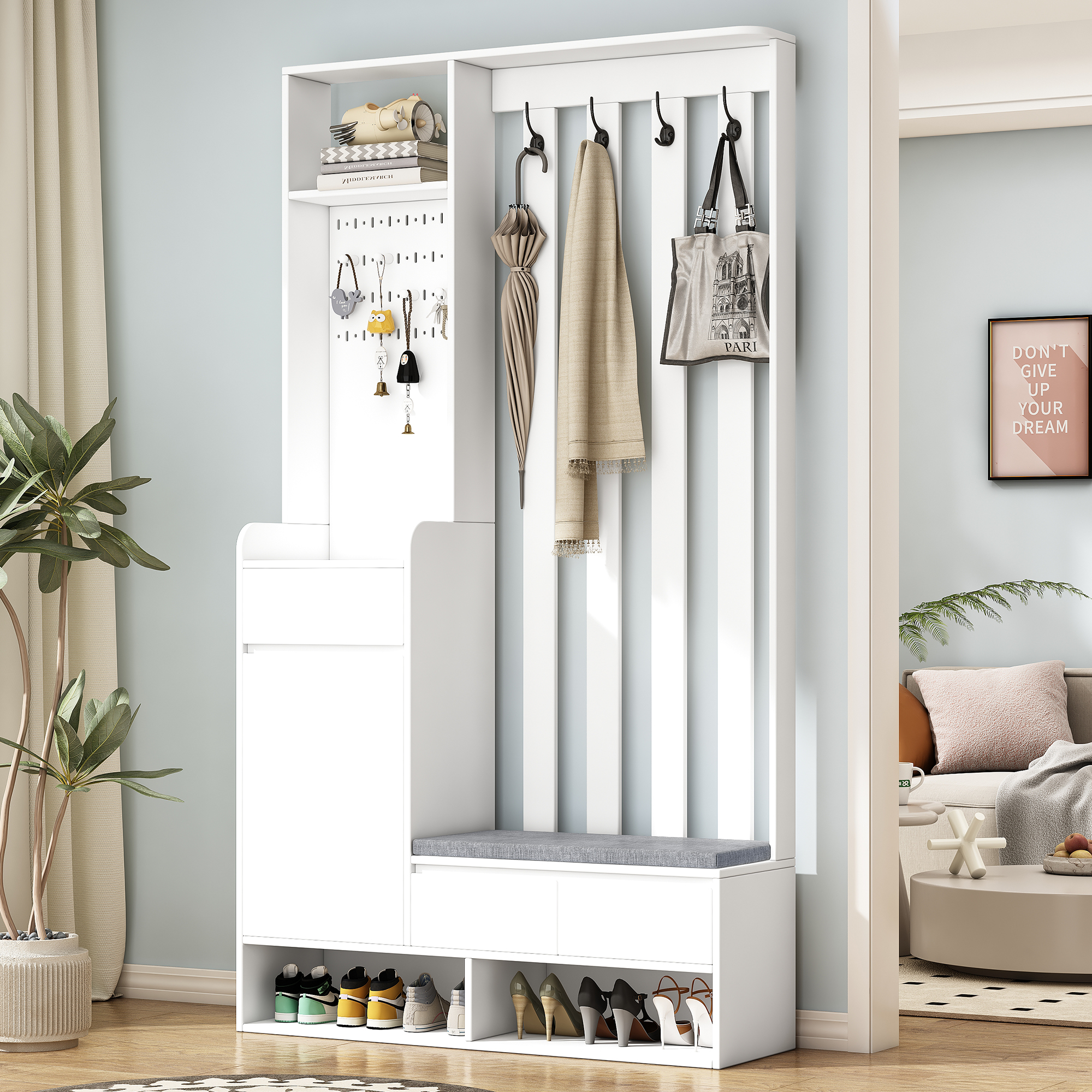Porte-manteau de couloir avec banc de rangement rembourré, armoire à chaussures multifonctionnelle