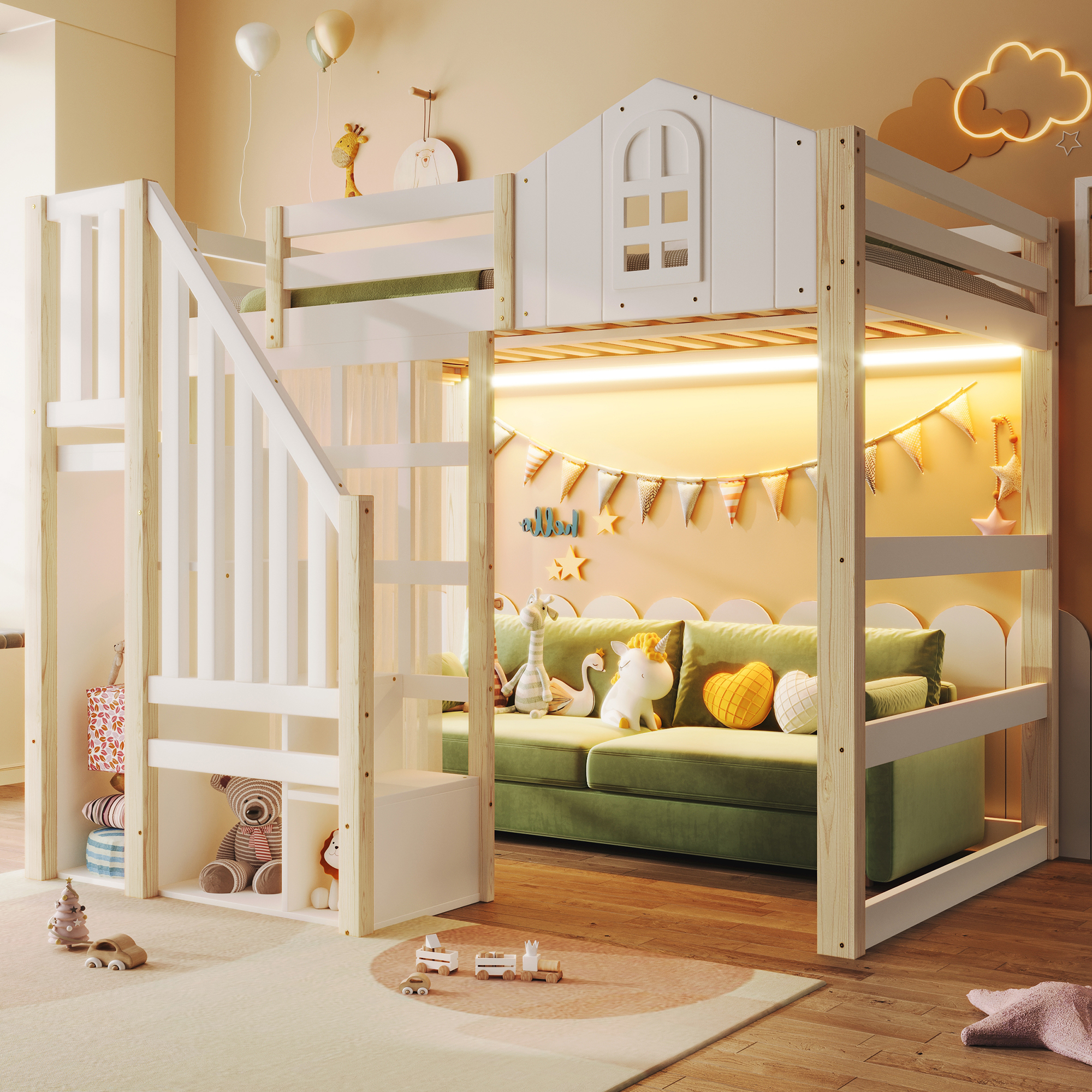 Loft Bed, 140x200cm, With LED Lights, Window Shape, Storage Ladder, Open Storage Compartment, Gauze, Without Mattress, White Natural