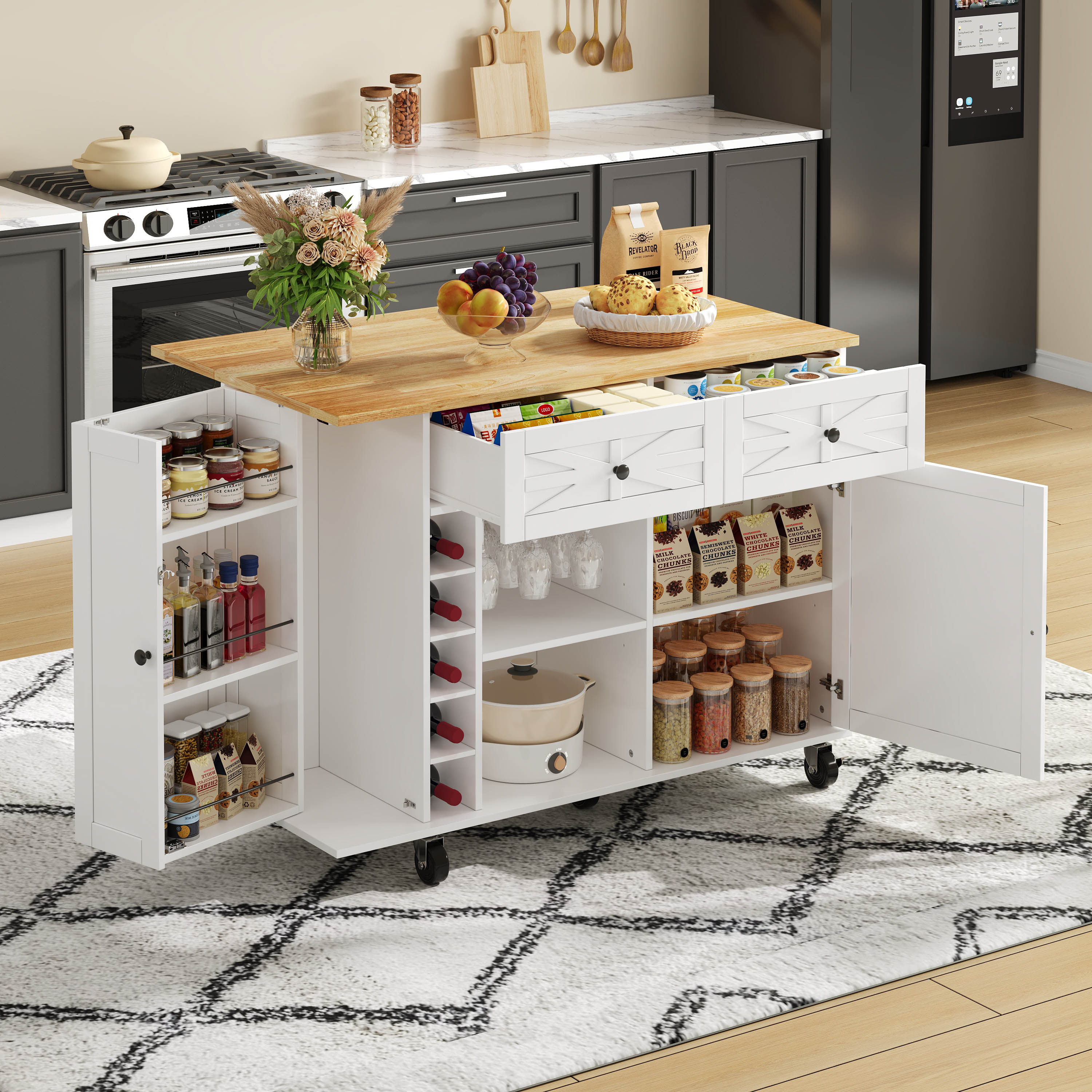 Kitchen Island With Folding Worktop, Equipped With 5 Locking Castors, Door Shelf, Wine Rack And Glass Holder, White, 120 X 45 X 89 Cm 2