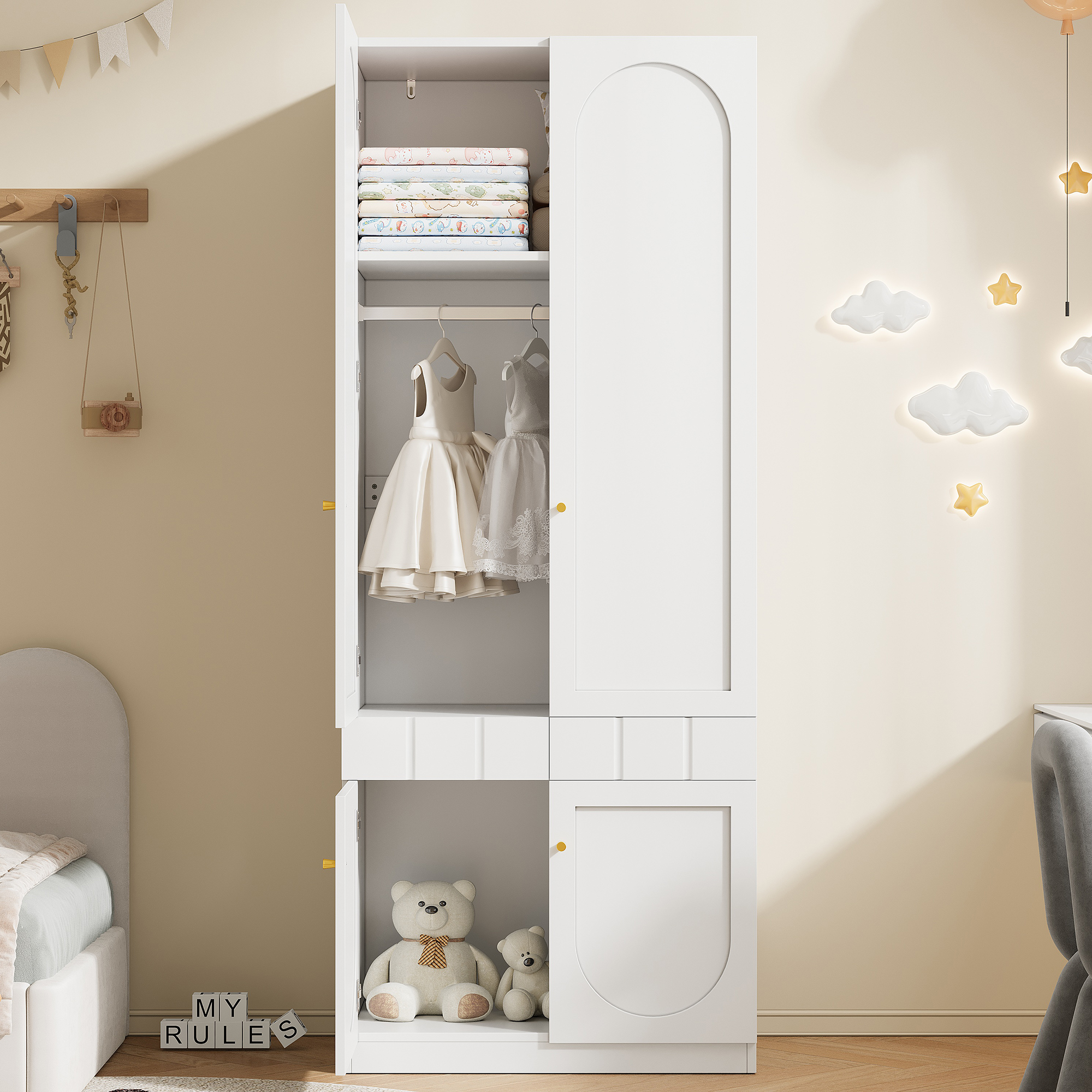 2-door Wardrobe, Lacquer Wardrobe, Wardrobe With Clothes Rail And Drawers, Bedroom Furniture, Metal Handles, White, 80x50x200 Cm