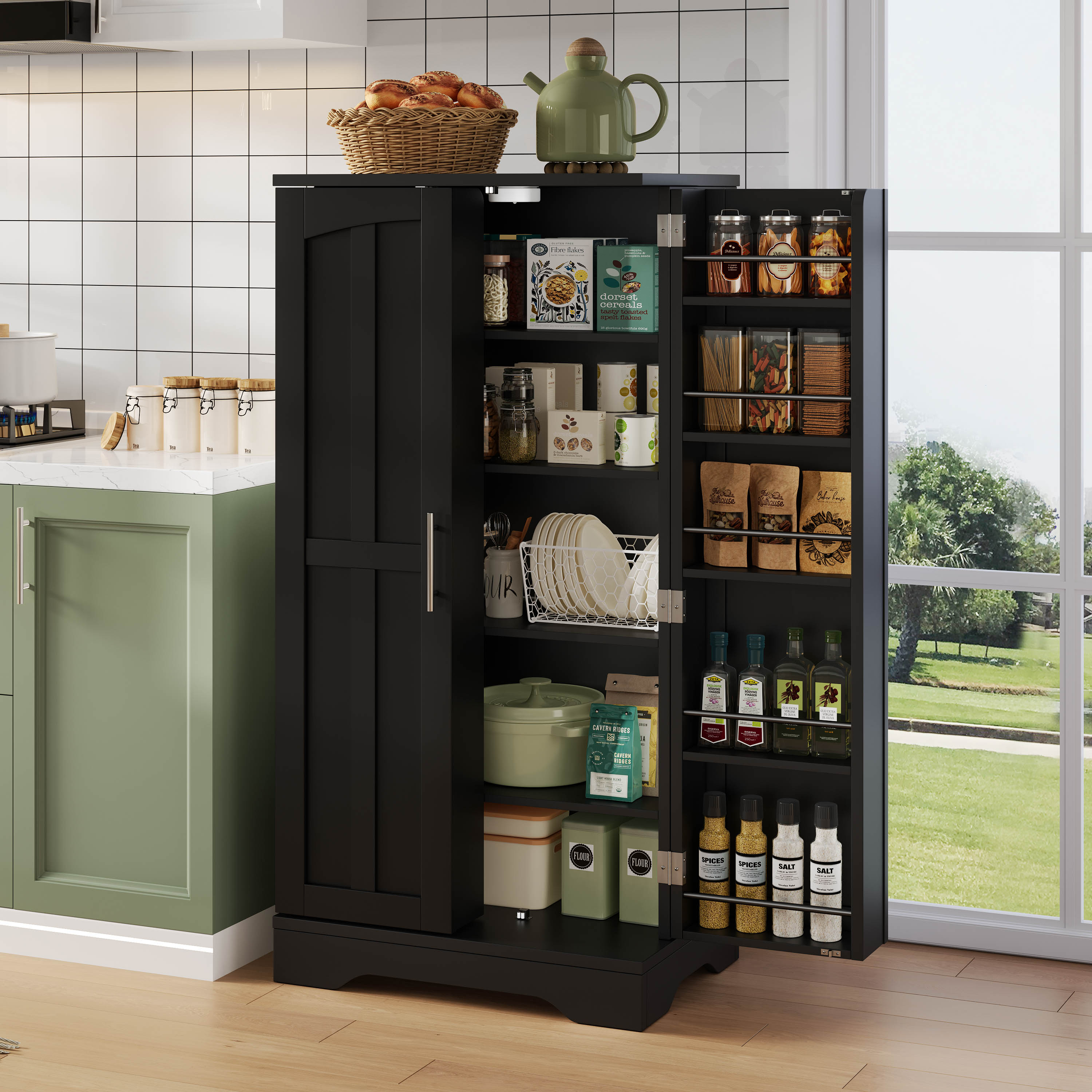 120x60x40xcm Kitchen Cabinet With LED Sensor Light, Large 2-Door Storage Cabinet With Adjustable Shelves & Door Shelves  Suitable For Kitchen, Dining 