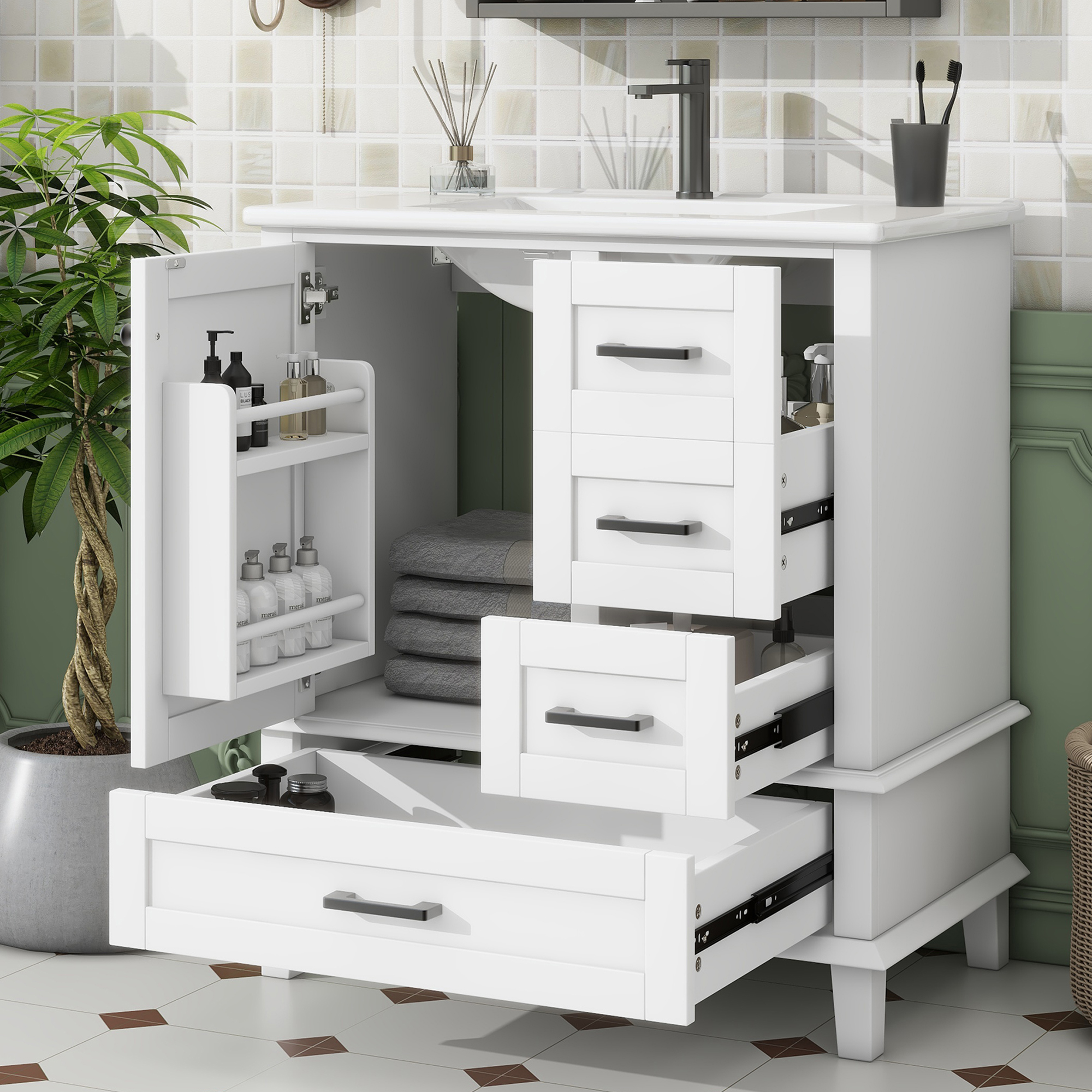 76x46x83.5cm Floor-Standing Bathroom Cabinet With Washbasin, Vanity, Full Finish, Door Shelf, Three Silent Drawers, Integrated Ceramic Washbasin, Whit
