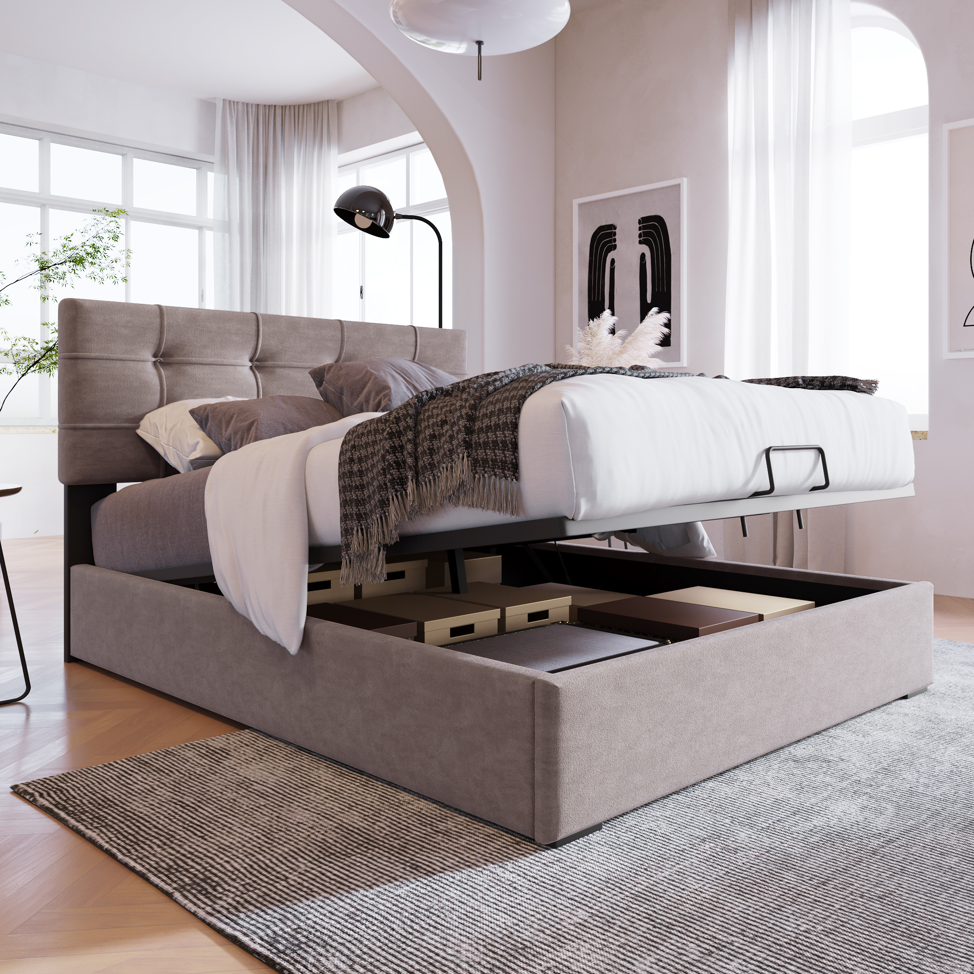 Hydraulic Single Bed Upholstered Bed 90x200cm,Adjustable Headboard, Bed With Metal Frame Slatted Frame, Velvet, Modern Bed Frame With Storage Space, Light Grey