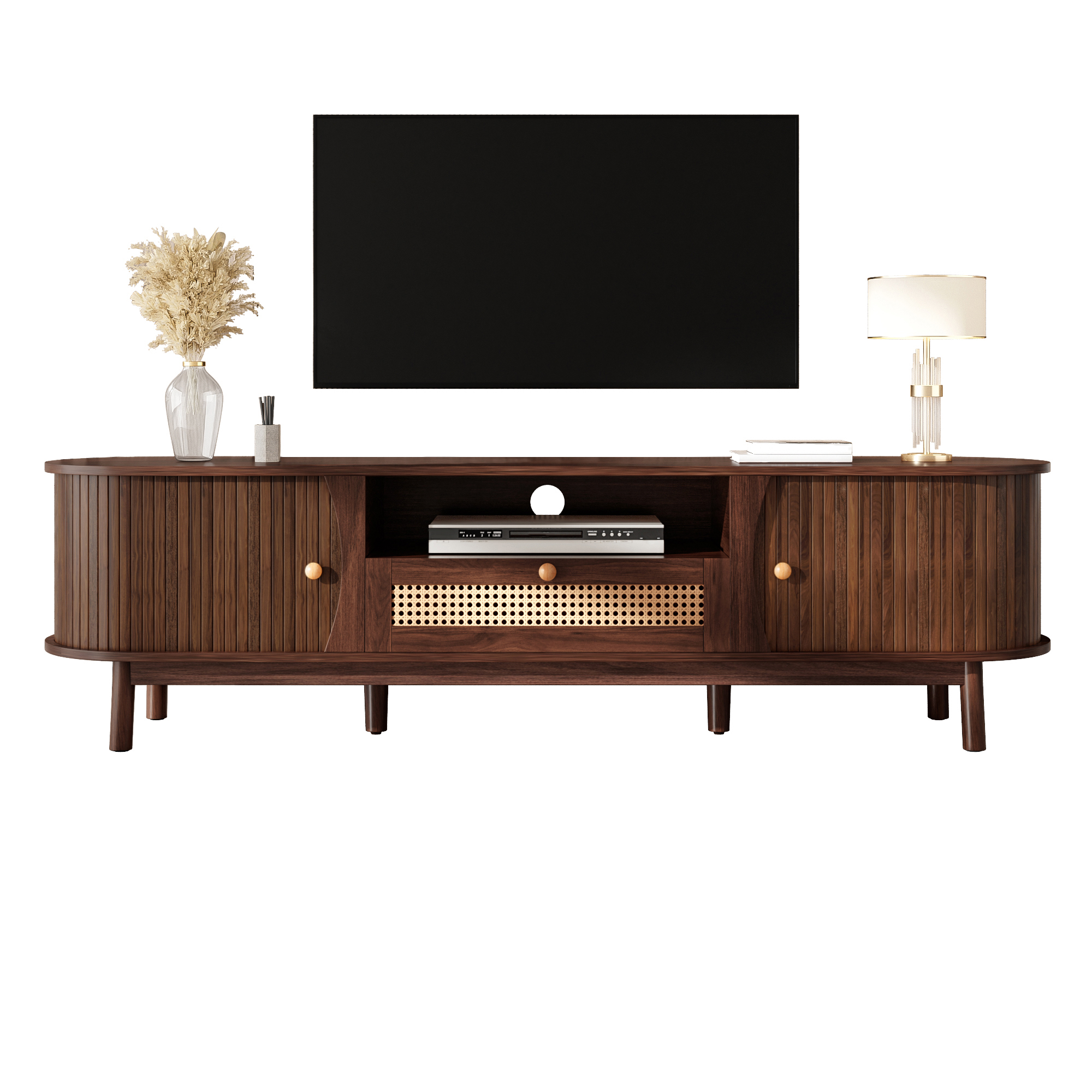 TV Cabinet With Doors And Drawers. Rattan TV Cabinet, Solid Wood Doors, Country-style Storage Solution - Low Front Panel.