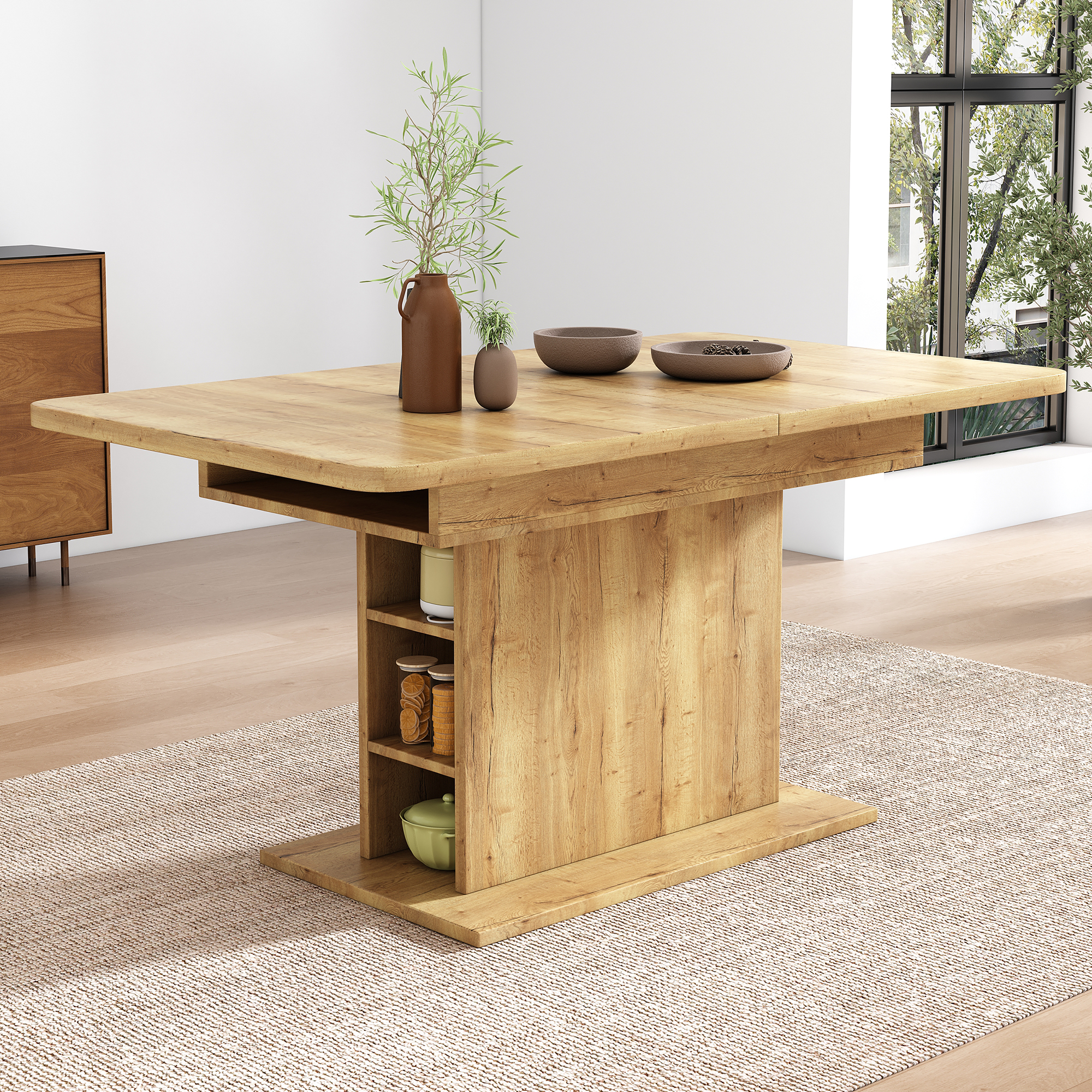 Extendable Dining Table, L110 130xW70xH75,Dining Table With Storage, Rectangular Dining Table, Coffee Leisure Table, Modern Simple Iron Dining Table, Space-Saving Multifunctional Dining Table,Nature