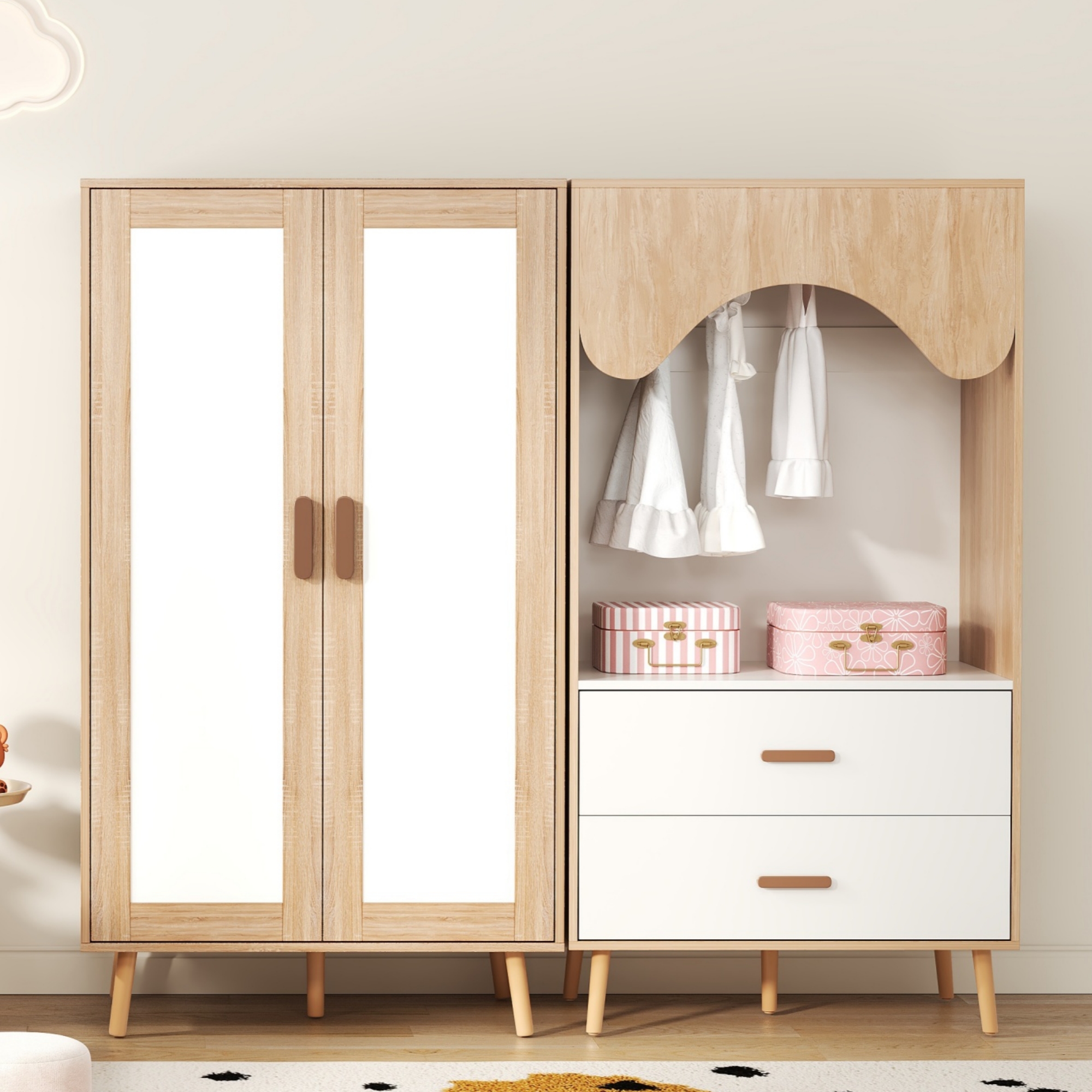 Children's Wardrobe, Wardrobe Set, Two-door Wardrobe - Open Wardrobe, Bedroom Furniture, With Clothes Rail And Drawers, White And Wood Colour Combined, 160 X 46 X 141.5 Cm