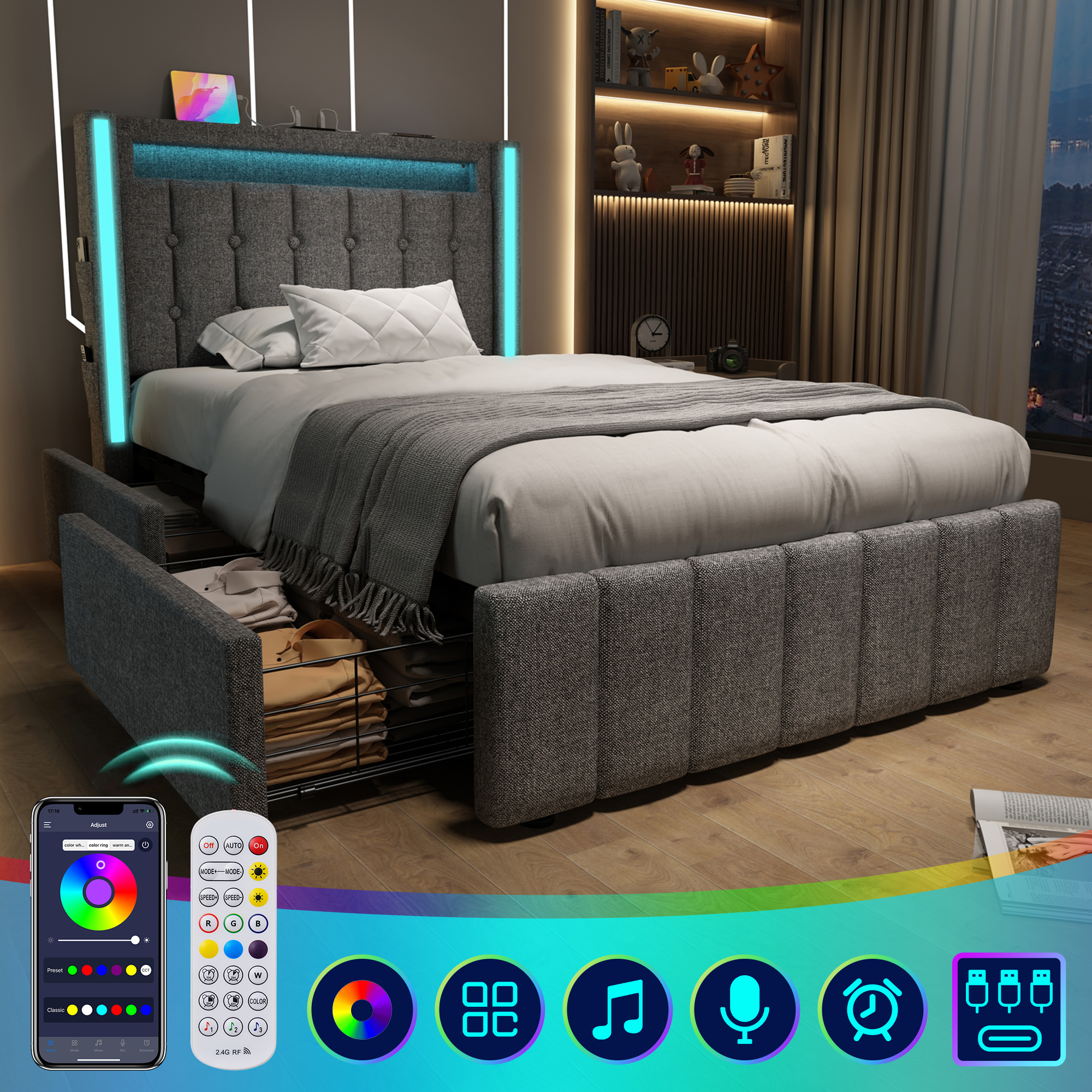 Upholstered Bed USB Type C Charging Function LED Lighting And 2 Drawers, Youth Beds 90x200cm Single Bed Storage Beds Bed Frame, Wooden Slatted Base, Grey  Without Mattress