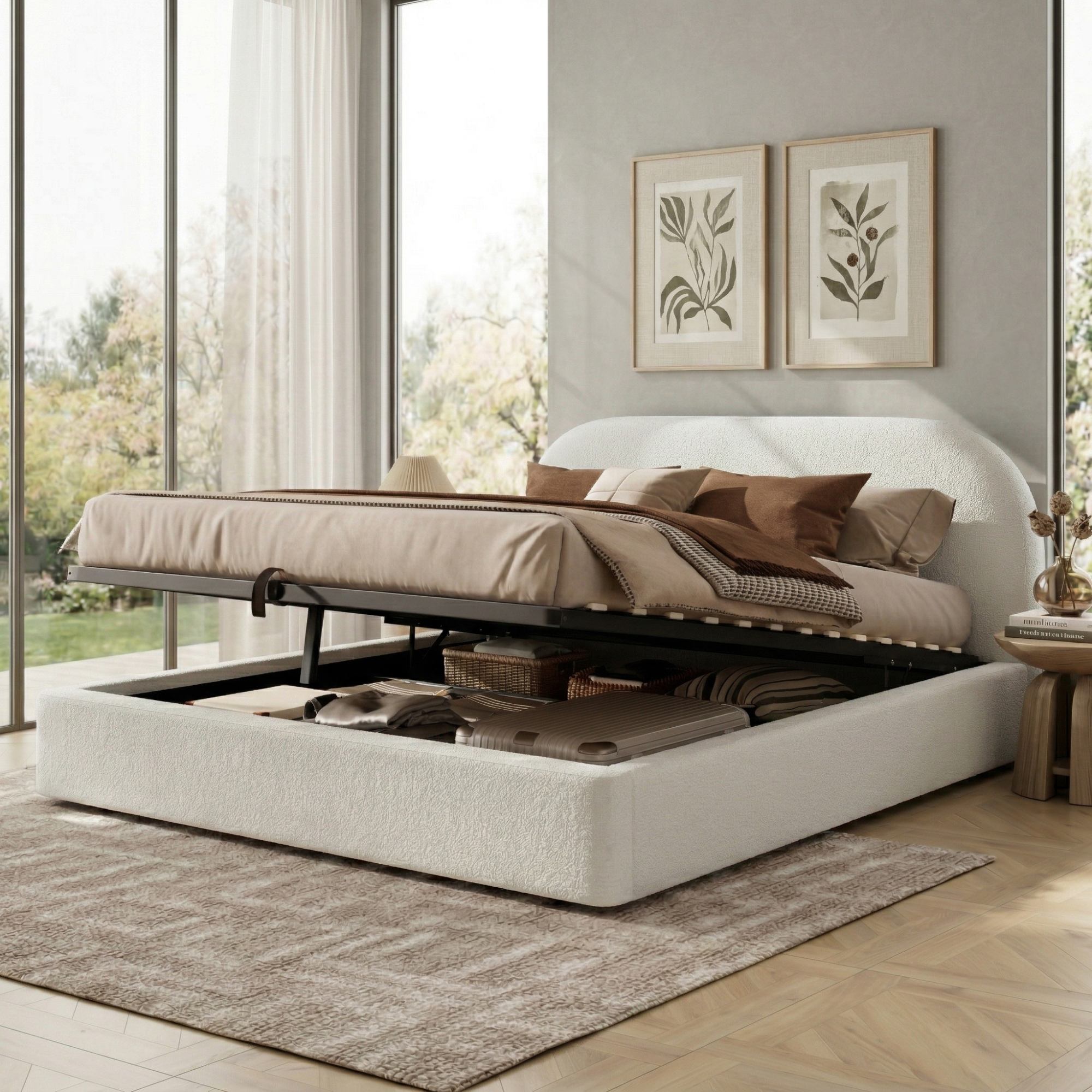 Upholstered Bed, Double Bed, 160 X 200cm, Hydraulic Functional Bed, Bed With Slatted Base, Headboard And Large Storage Space, Upholstered Headboard, Beige Boucle