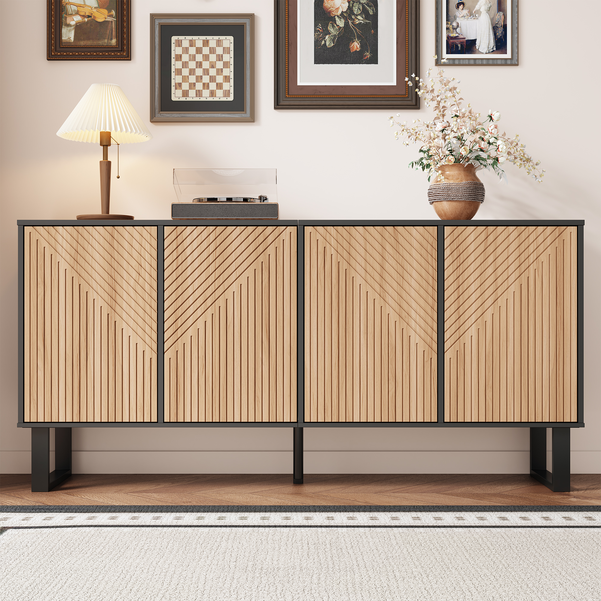 Modern Minimalist Sideboard,Contrasting Design In Black Wood Grain,3D Stripe Front,Extra Large Storage Space,Suitable For Entryway And Living Room