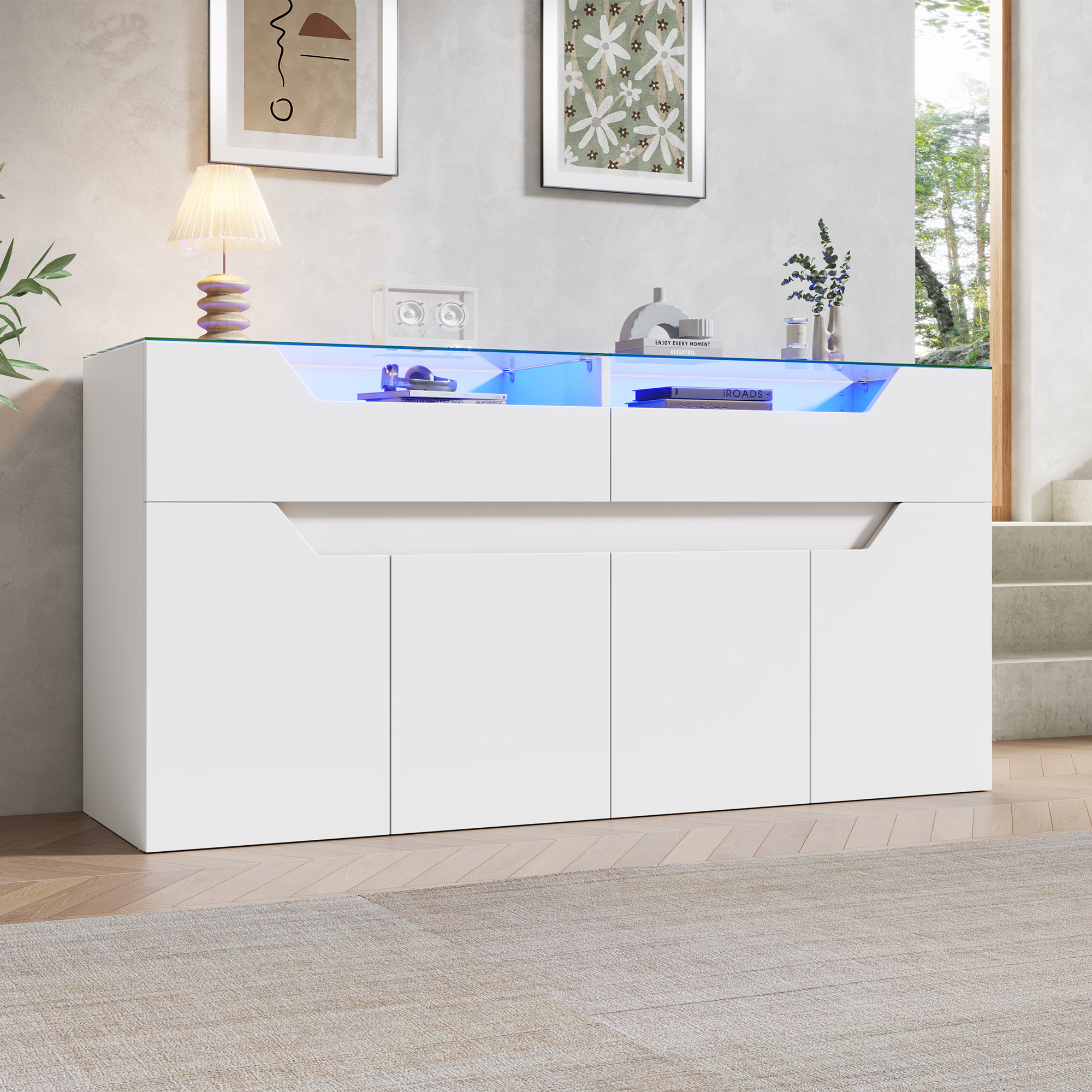 Sideboard With Tempered Glass Top, 140x40x70cm White Chest Of Drawers With 2 Drawers, MDF Storage Cabinet For Dining Room & Living Room, 30kg Load Capacity