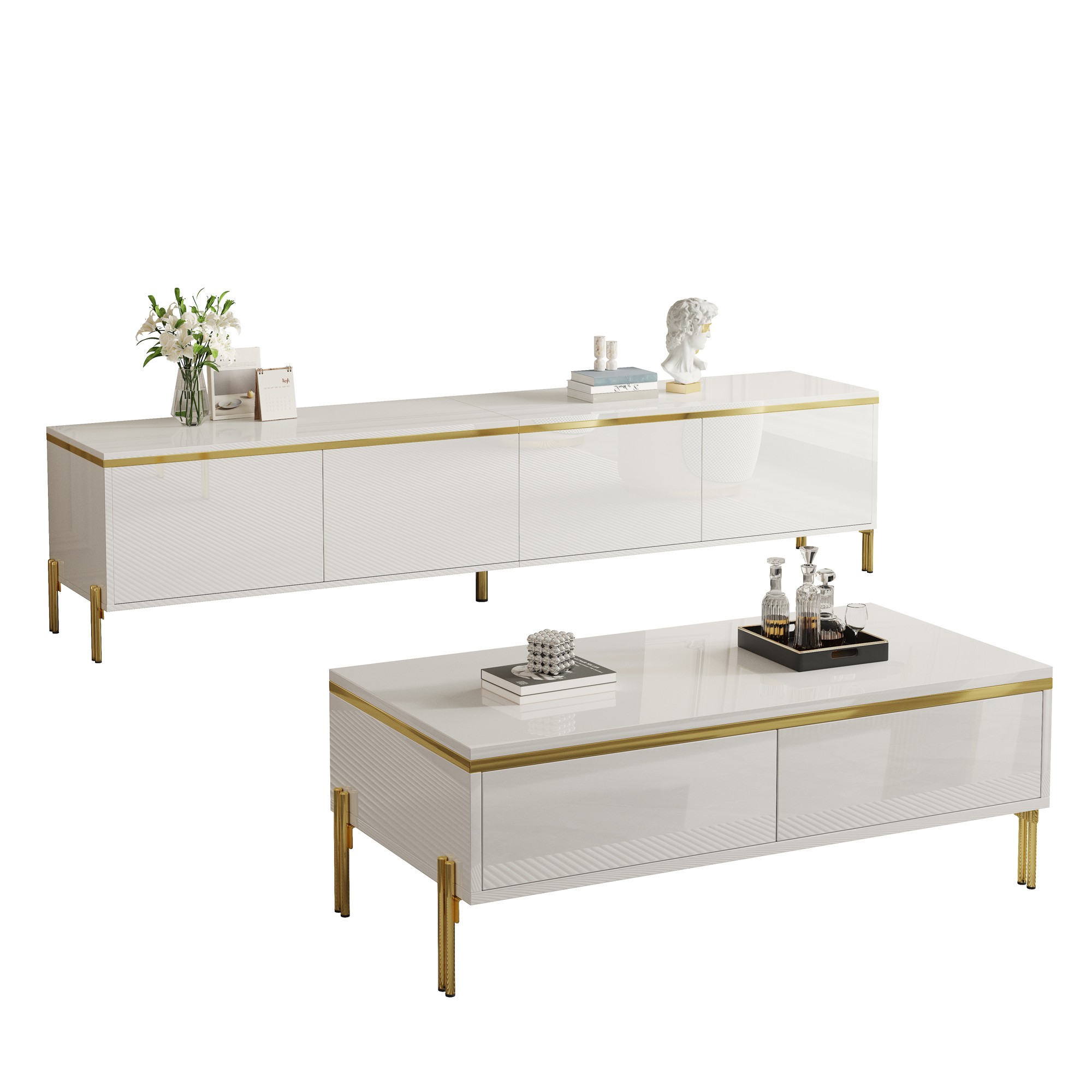 Modern Luxury TV Cabinet And Coffee Table Set , High-gloss Surface In Solid Colour , Golden Edges , Generous Storage Space