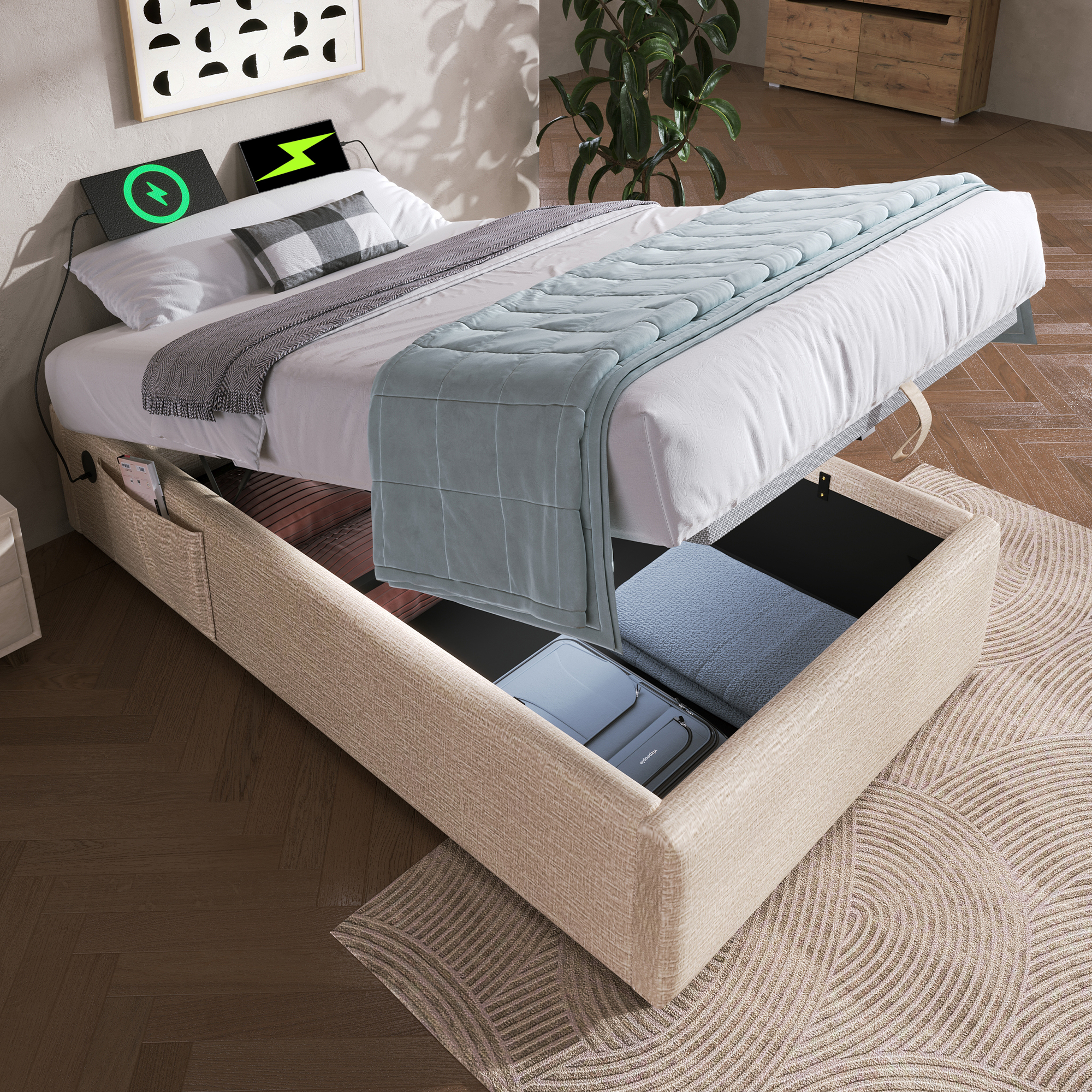 Upholstered Bed Single Bed 90x200 Cm, Struraumbett Bed Frame With USB-C And Full-Surface Slatted Frame, Without Headboard, Linen, Natural 2