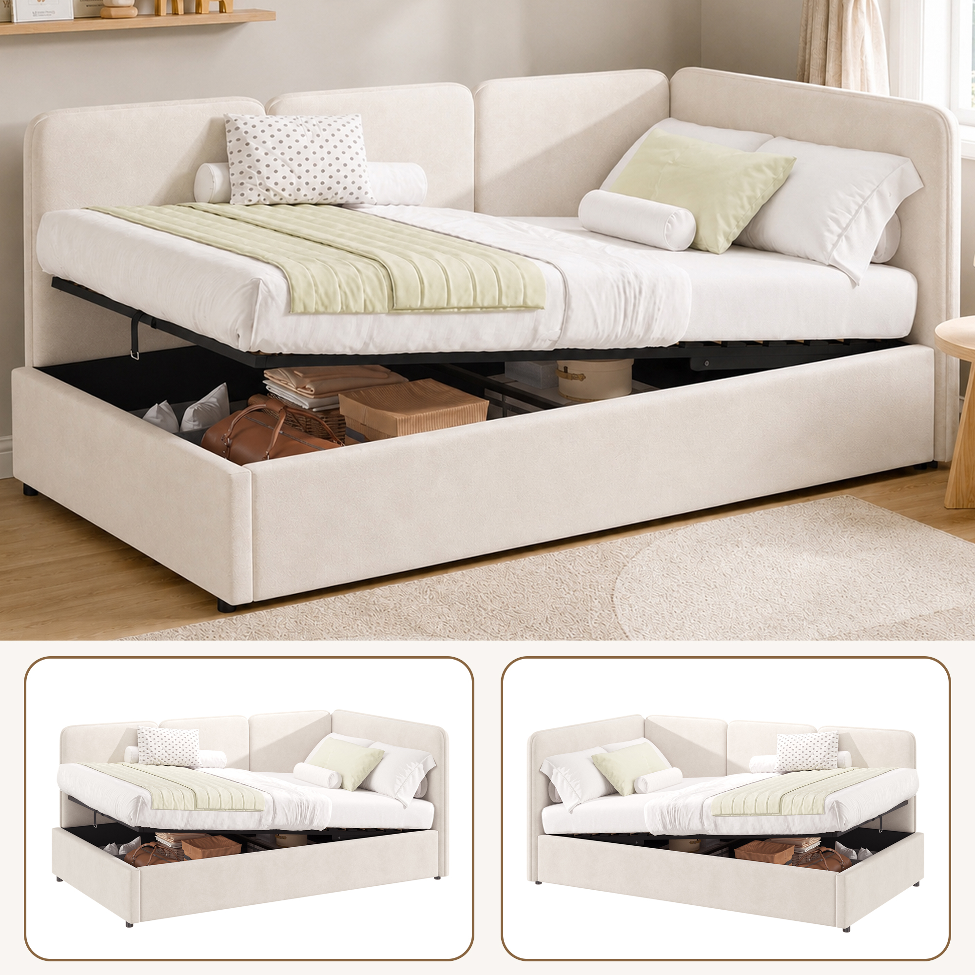 Daybed 90x200 Cm With Hydraulic Storage, Upholstered Bed, Daybed, Swap Left And Right, Velvet, Beige