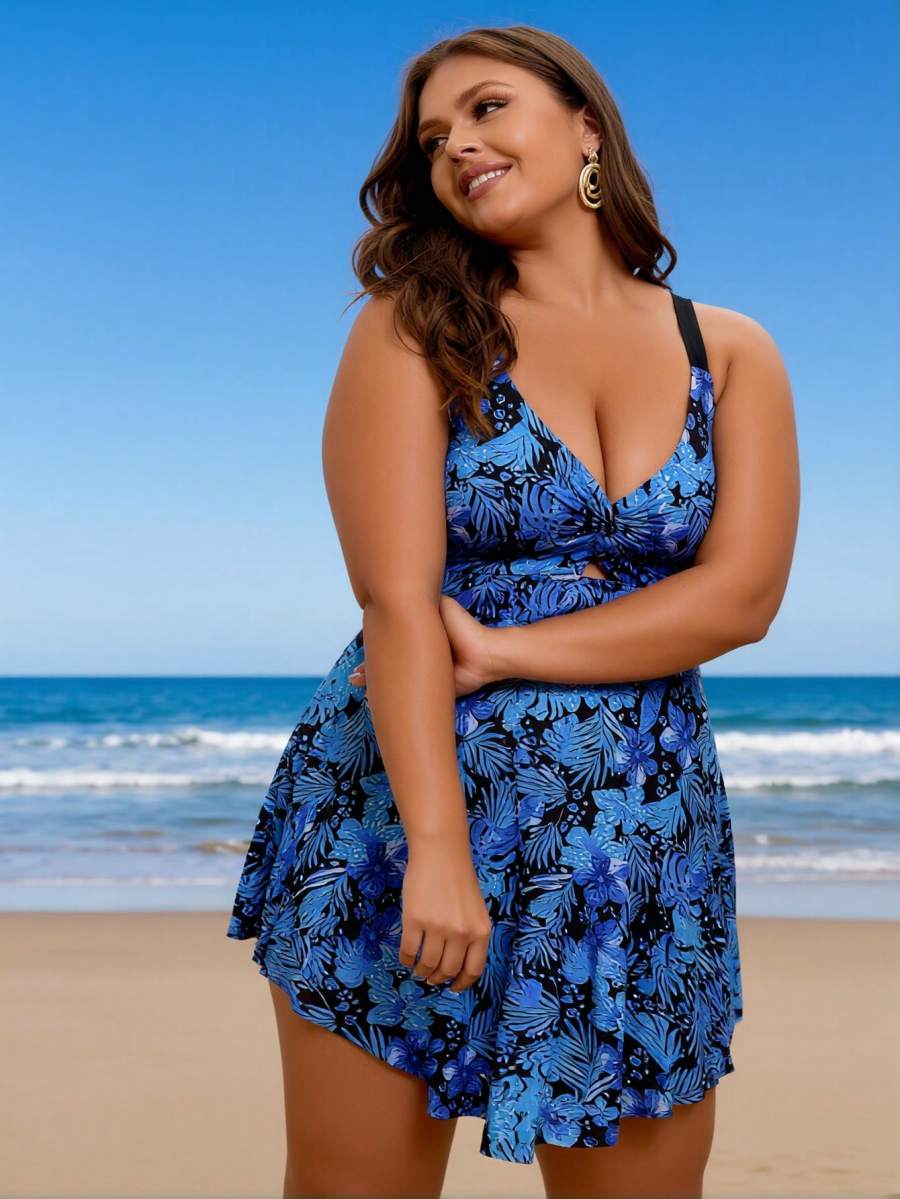 2026 New Plus Size Women's Sexy Fashion Blue-Black Botanical Print Twist One-Piece Swimdress For Vacation & Leisure