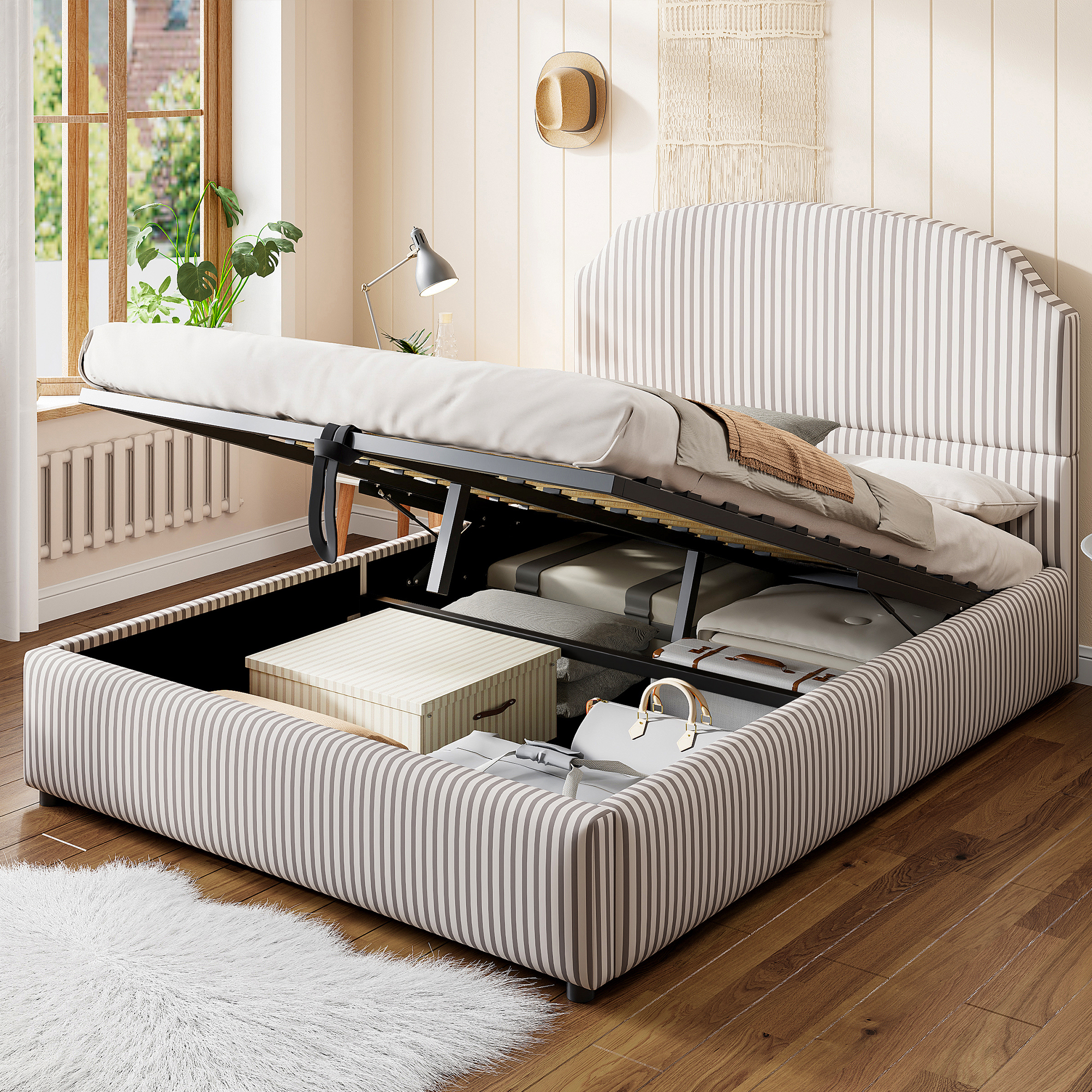 Upholstered Bed 140x200, Equipped With Hydraulic Storage Function And Storage Space, Double Bed, High Quality Striped Fabric, With A Wide Headboard
