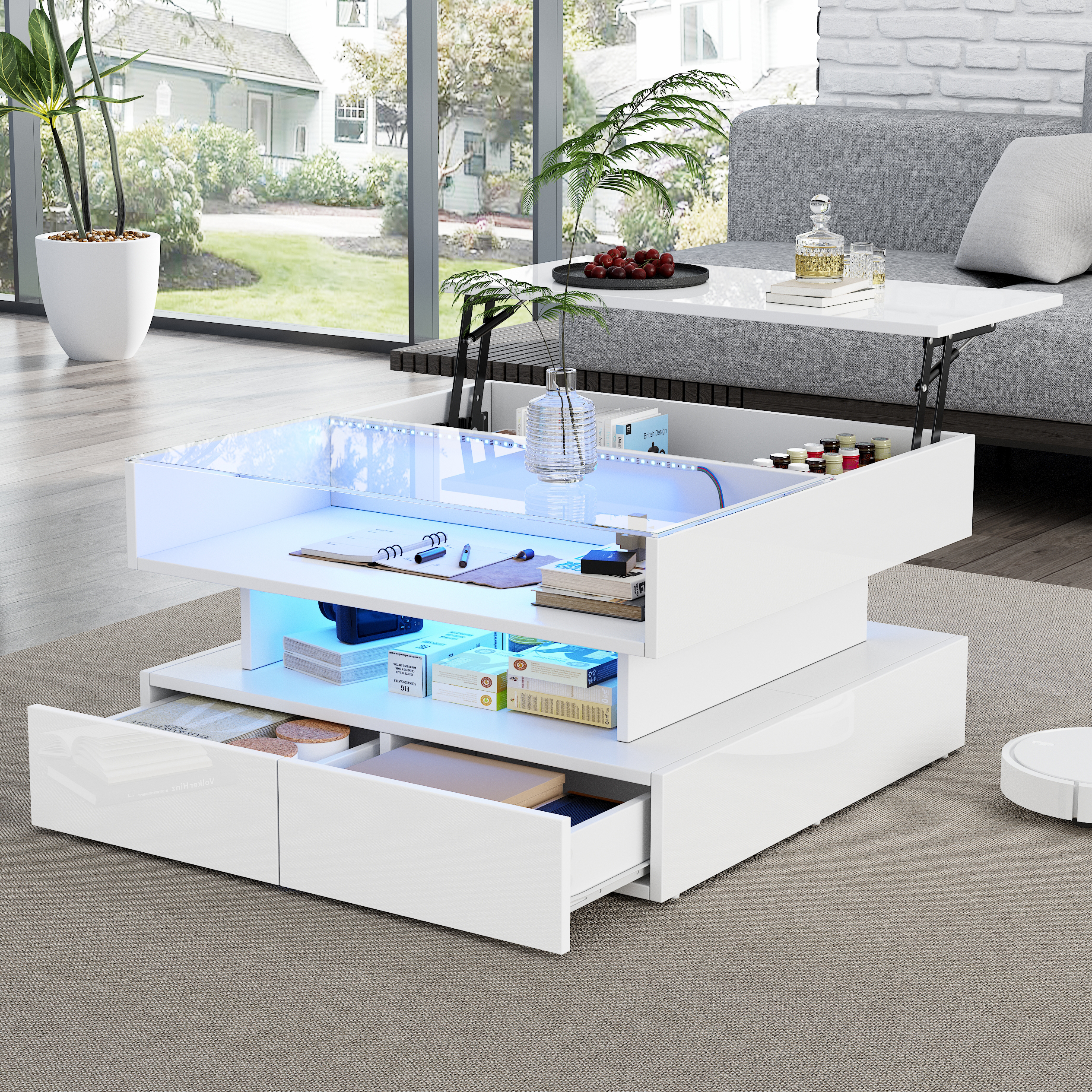 80x80x45cm Coffee Table Height Adjustable Coffee Table With Hidden Storage And 2 Drawers,Sofa Table With LED Lights,High Gloss Living Room Side Table,Tempered Glass Living Room Table,White
