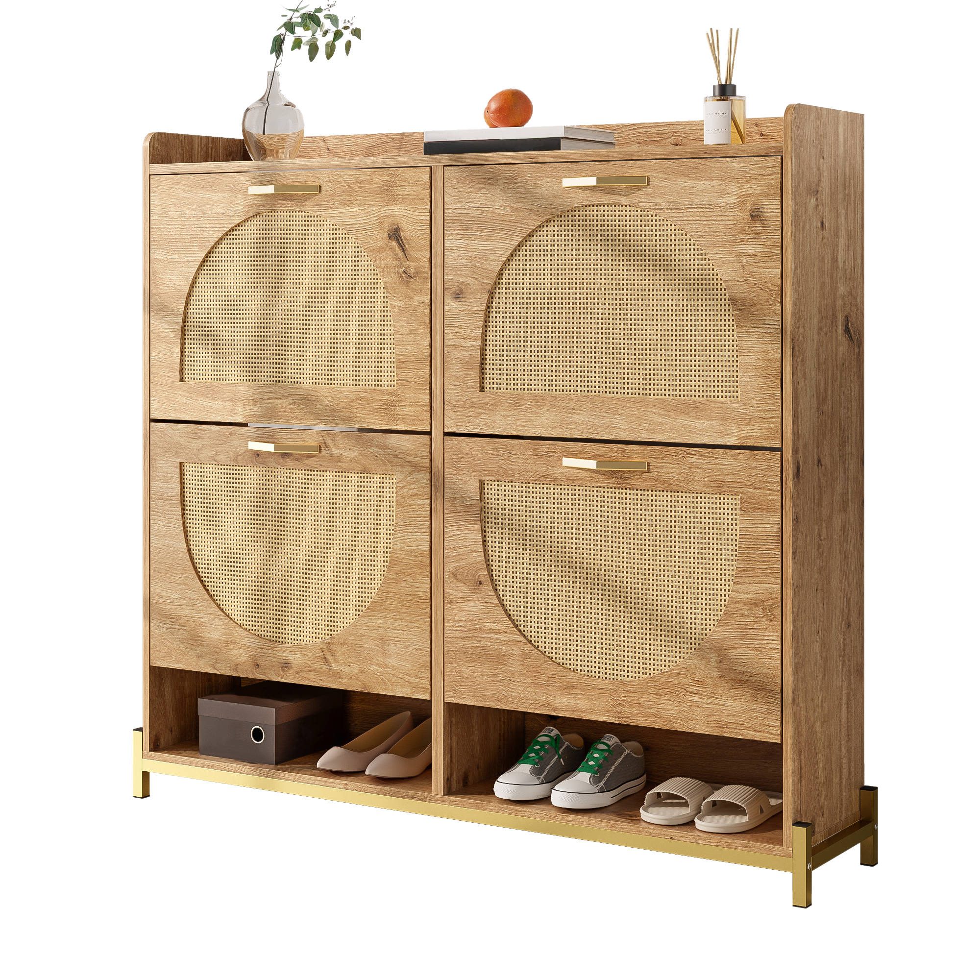 Elegant Wooden Shoe Cabinet With Rattan Doors -4 Doors, Metal Frame And Top Shelf For Stylish And Orderly Storage.