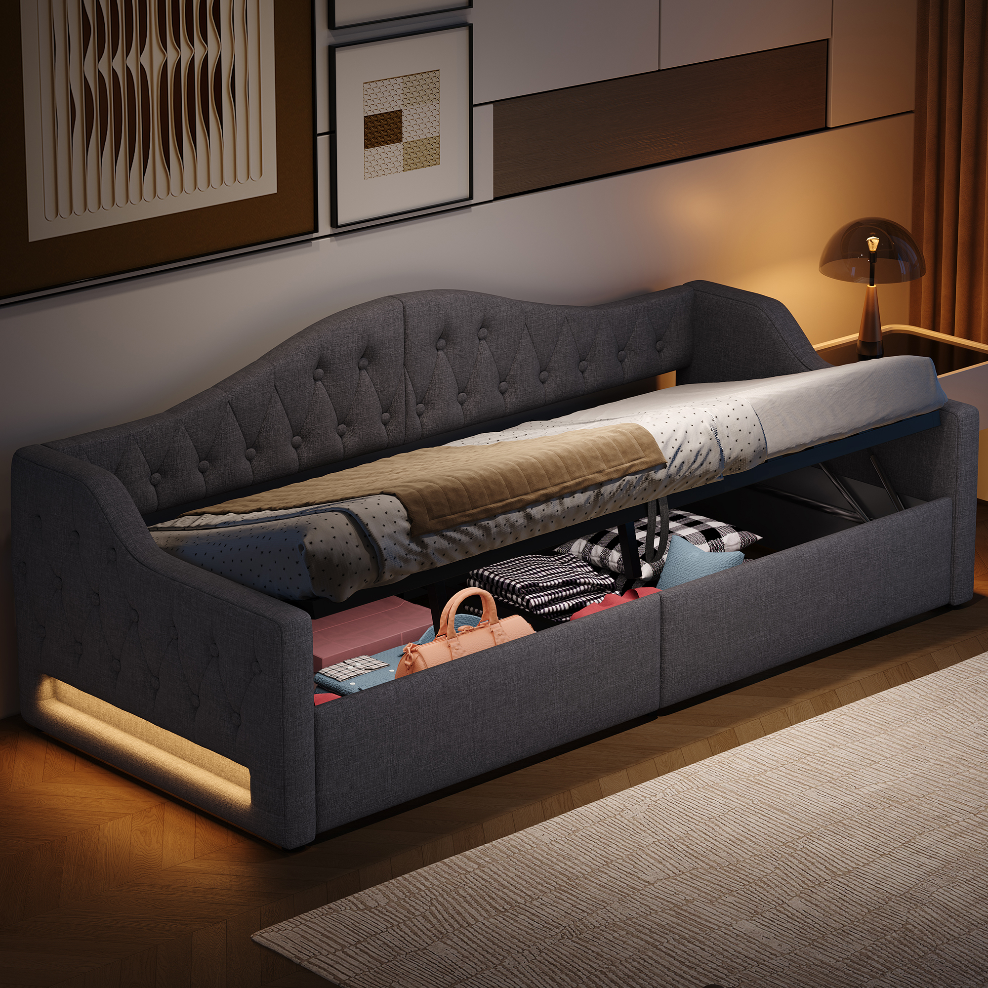 Padded 90x200 Daybed With LED Belt And Storage Underneath, Grey