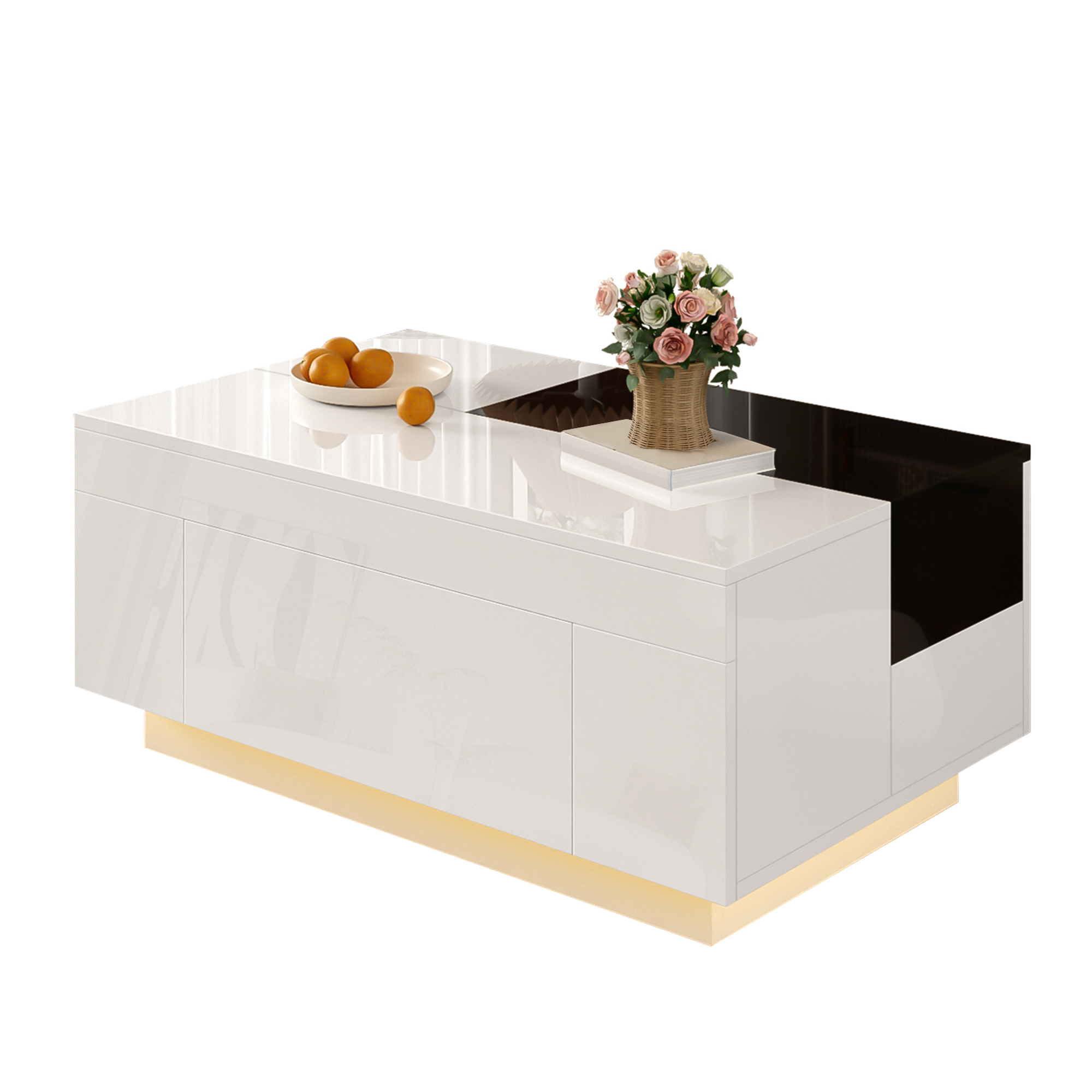 High-gloss Coffee Table With LED Lighting, Extendable Black And White Tabletop, Hidden Storage And 16-colour Adjustable Light Strip - The Ideal Choice For A Stylish Living Room