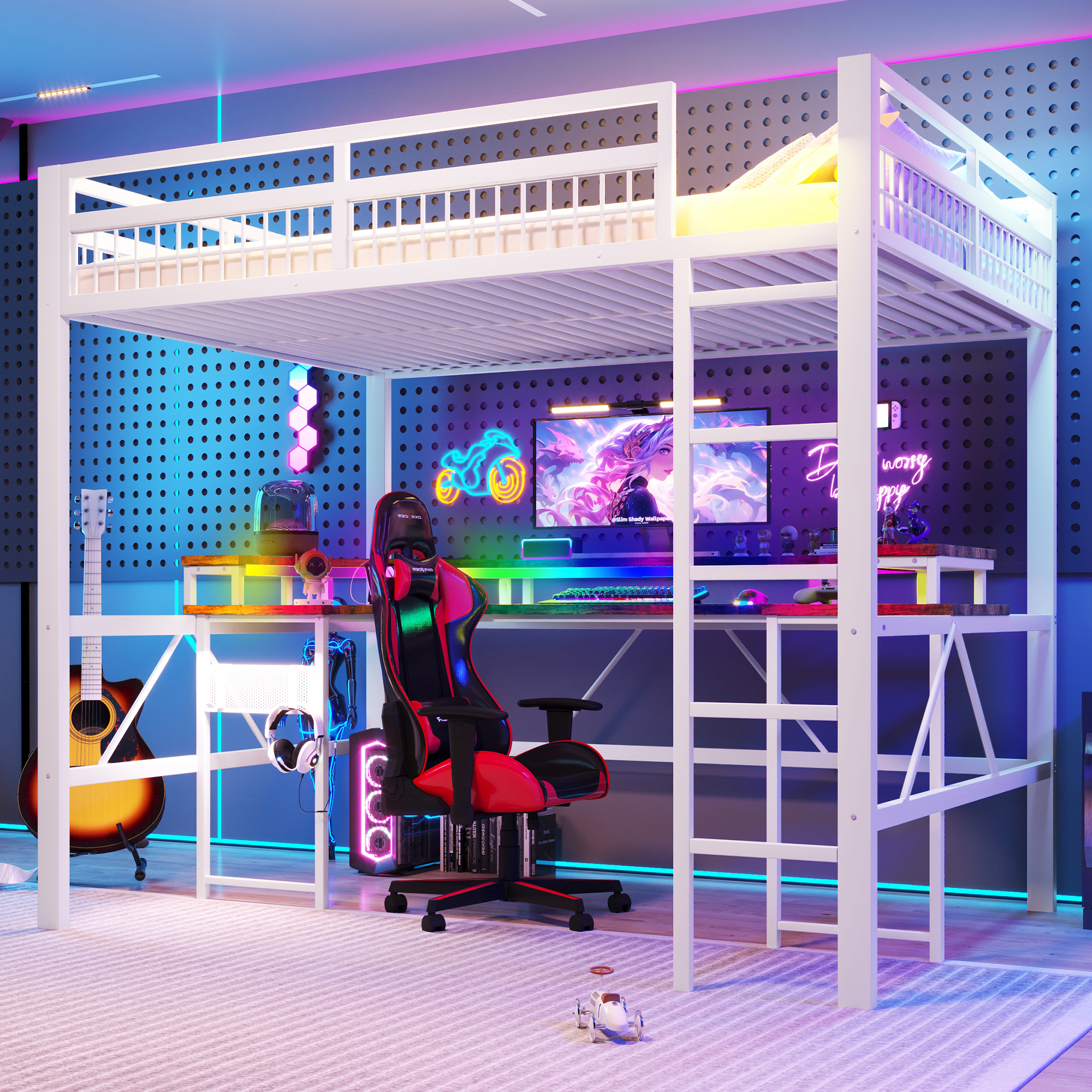 Loft Bed, 140 X 200 Cm, Iron Frame, With Colour-changing LED Light Strip, With Desk, 1 USB Port 1 Type-C Port And 2 Sockets, With Perforated Wall, Wi