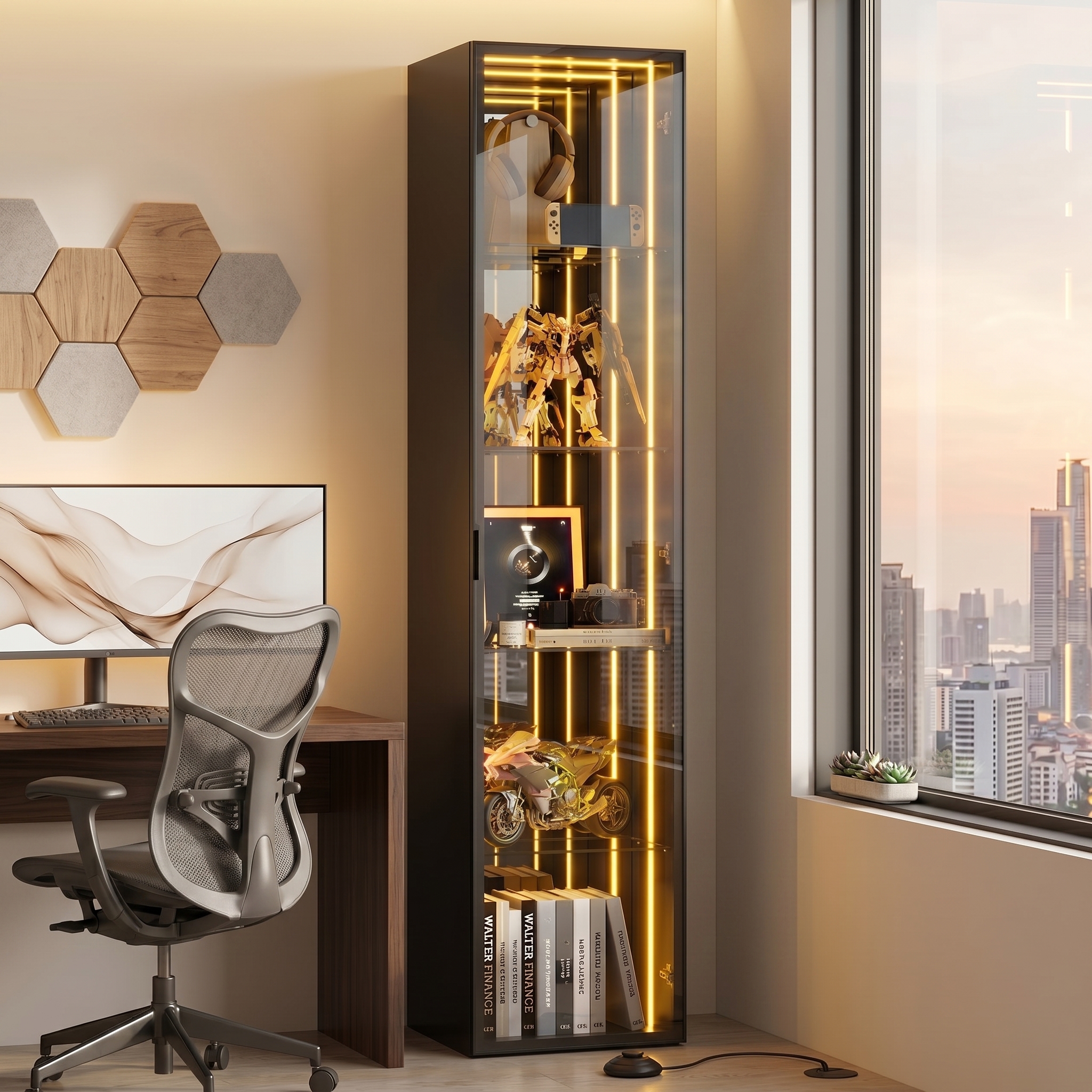 30 X 30 X 160 Cm, Display Case With Aluminium Frame Door, Tempered Glass, Five Compartments, Adjustable Shelves, LED Light Strip, Hinges With Soft-clo