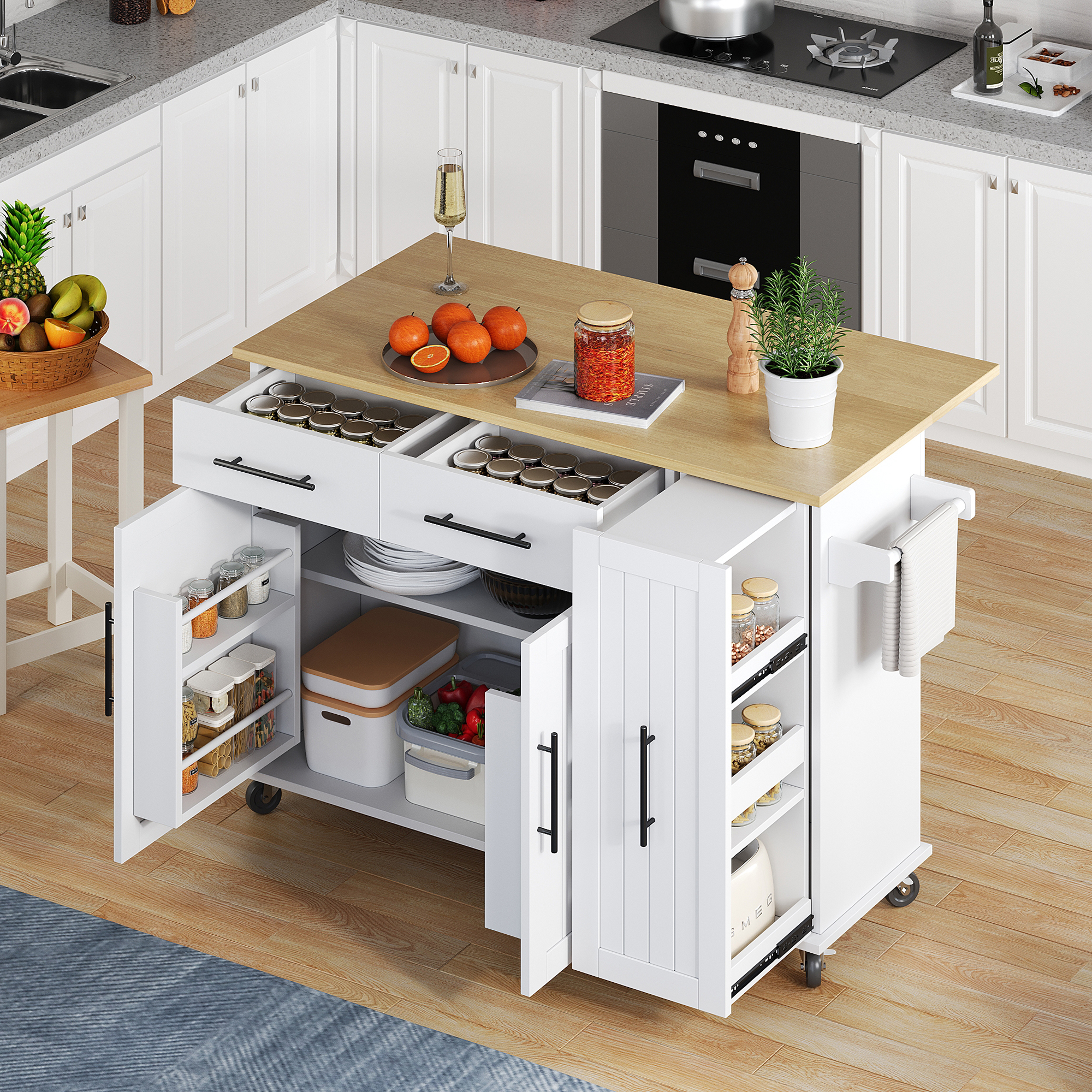 Kitchen Island With Drop Leaf, Storage Cart With 3 Tier Pull Out Cabinet Organizer, Internal Storage Rack, Rolling Cart On Wheels With Towel Bar & 2 D