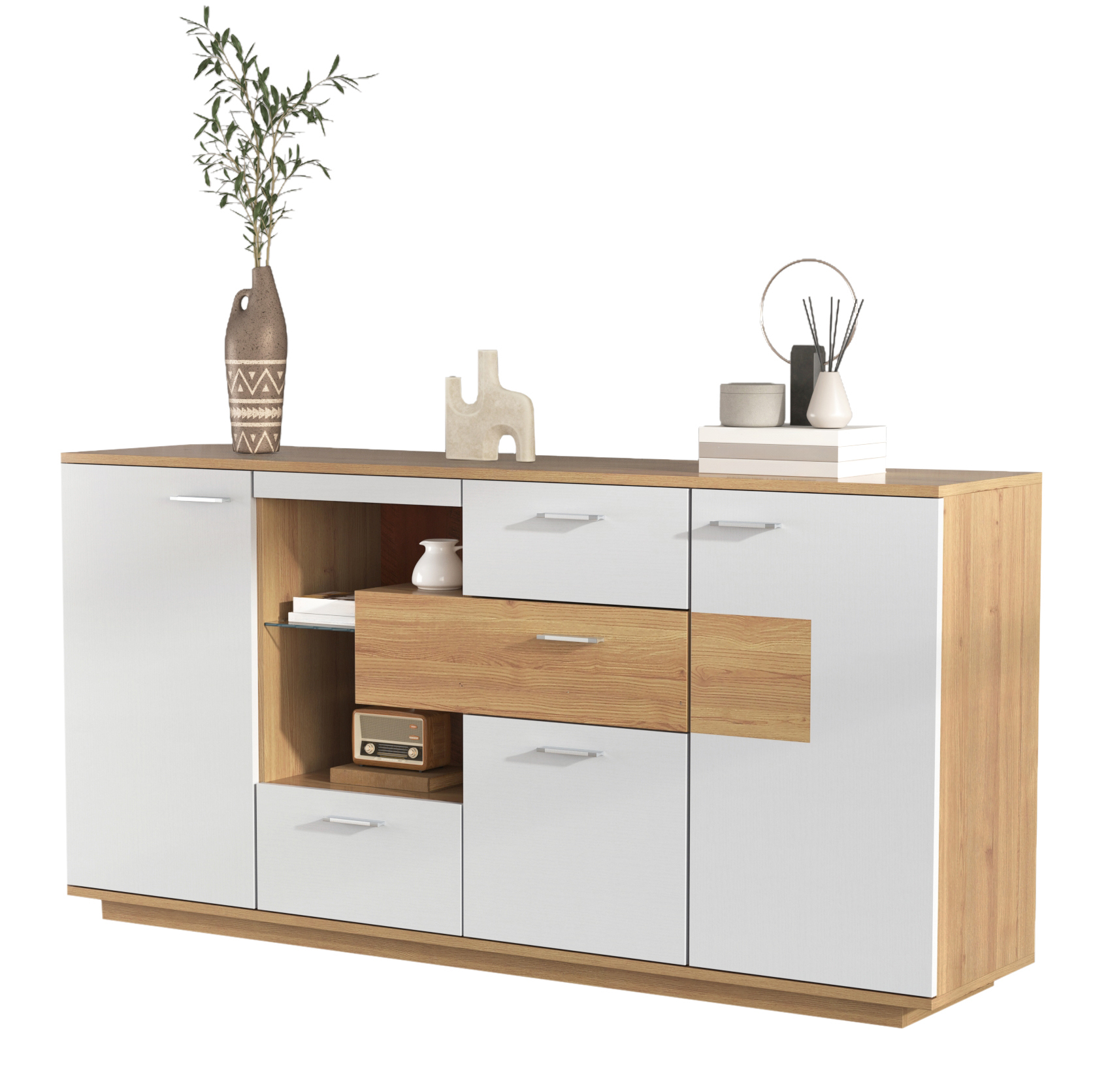 Modern Sideboard Cabinet With Plenty Of Storage Space, With LED Lighting, 160x40x77cm, 2 Doors, 4 Drawers, Glass Shelf, Wood Look, White, Living Room 