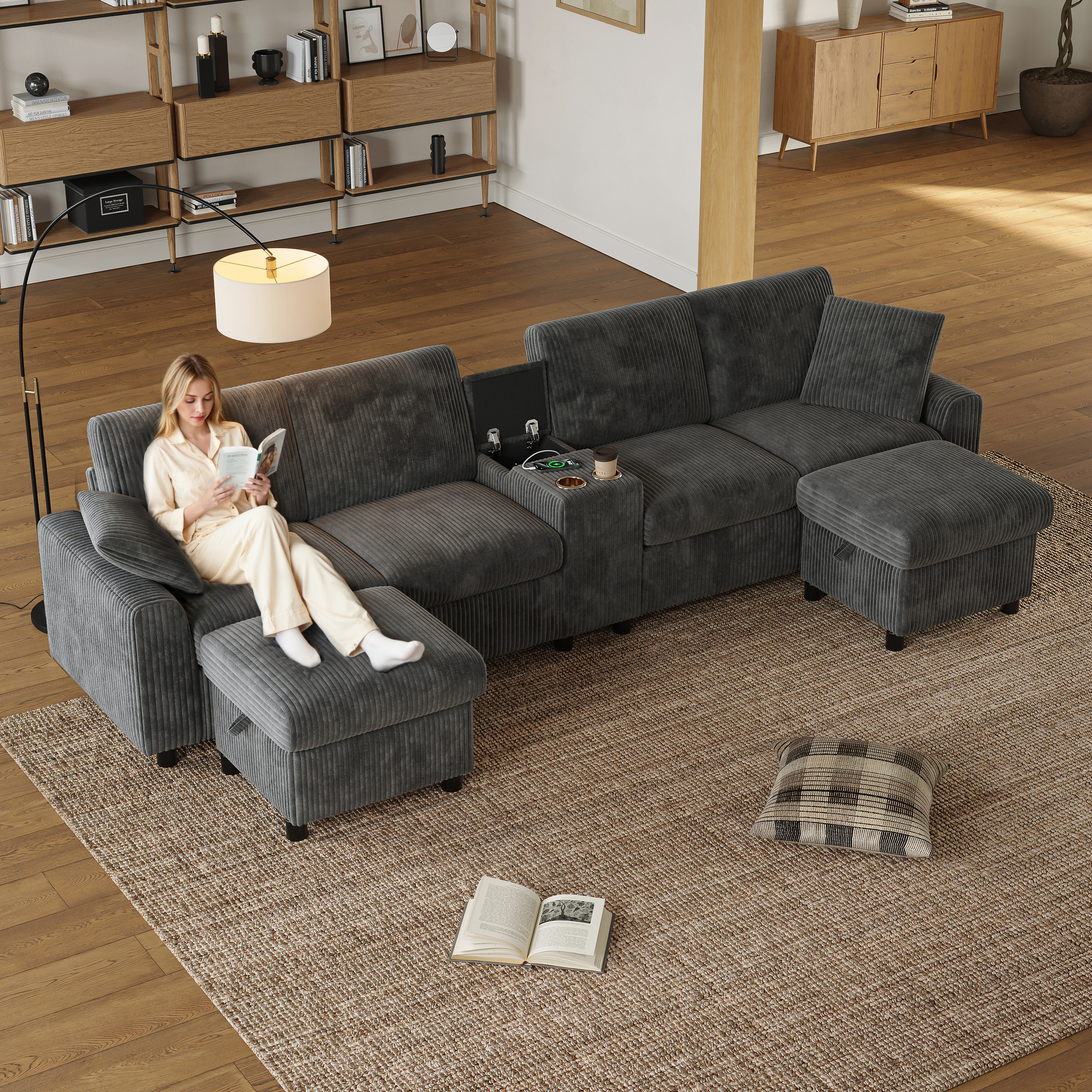 U-shaped Sofa Made Of Corduroy, Including 2 Footstools With Storage Function, Coffee Table, 2 Cup Holders, 1 USB Port, 2 Sockets And 2 Type-C Ports Grey  W315xH81xD135cm