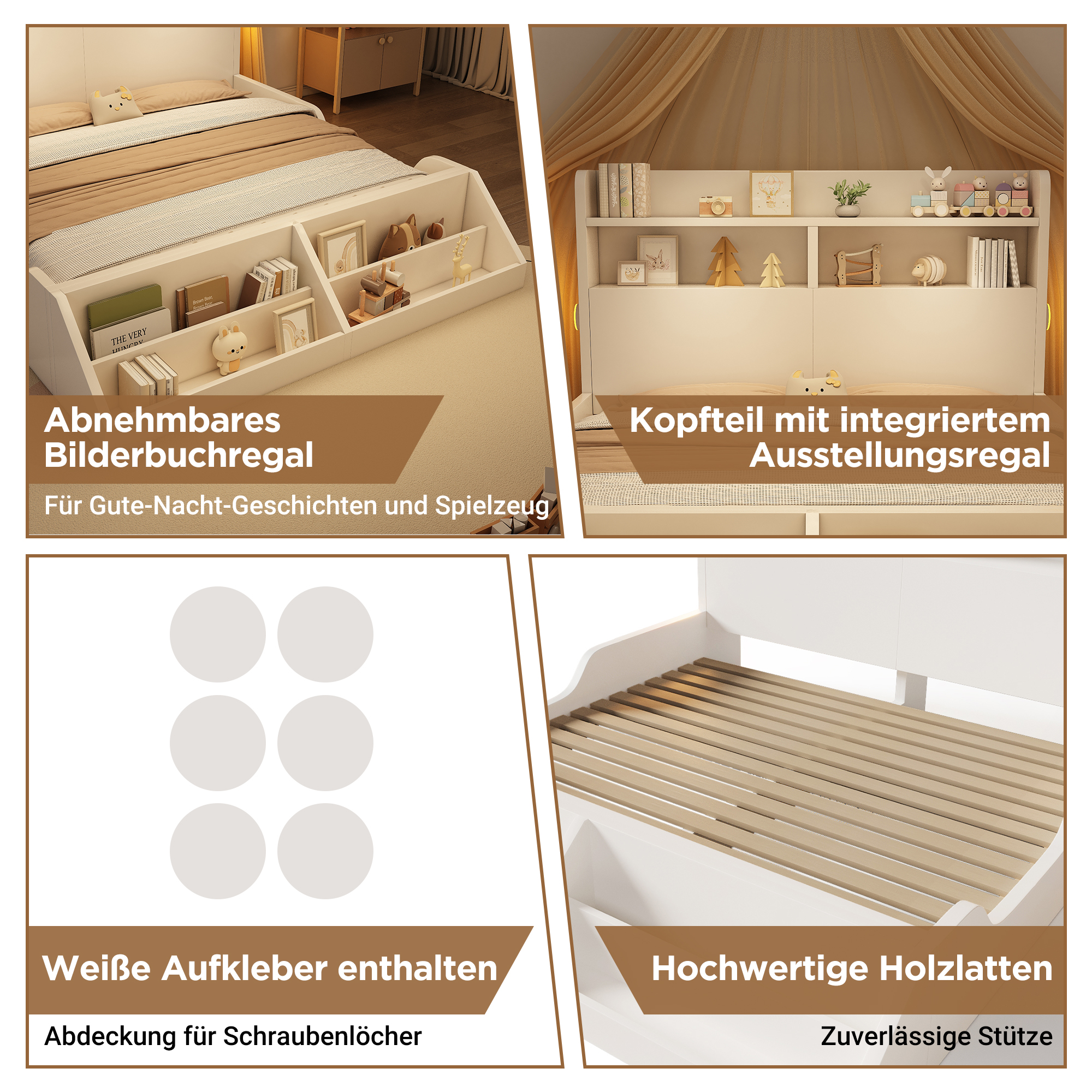 Lit en bois lit double 140x200 cm lit enfant avec étagères, veilleuses – Image 2