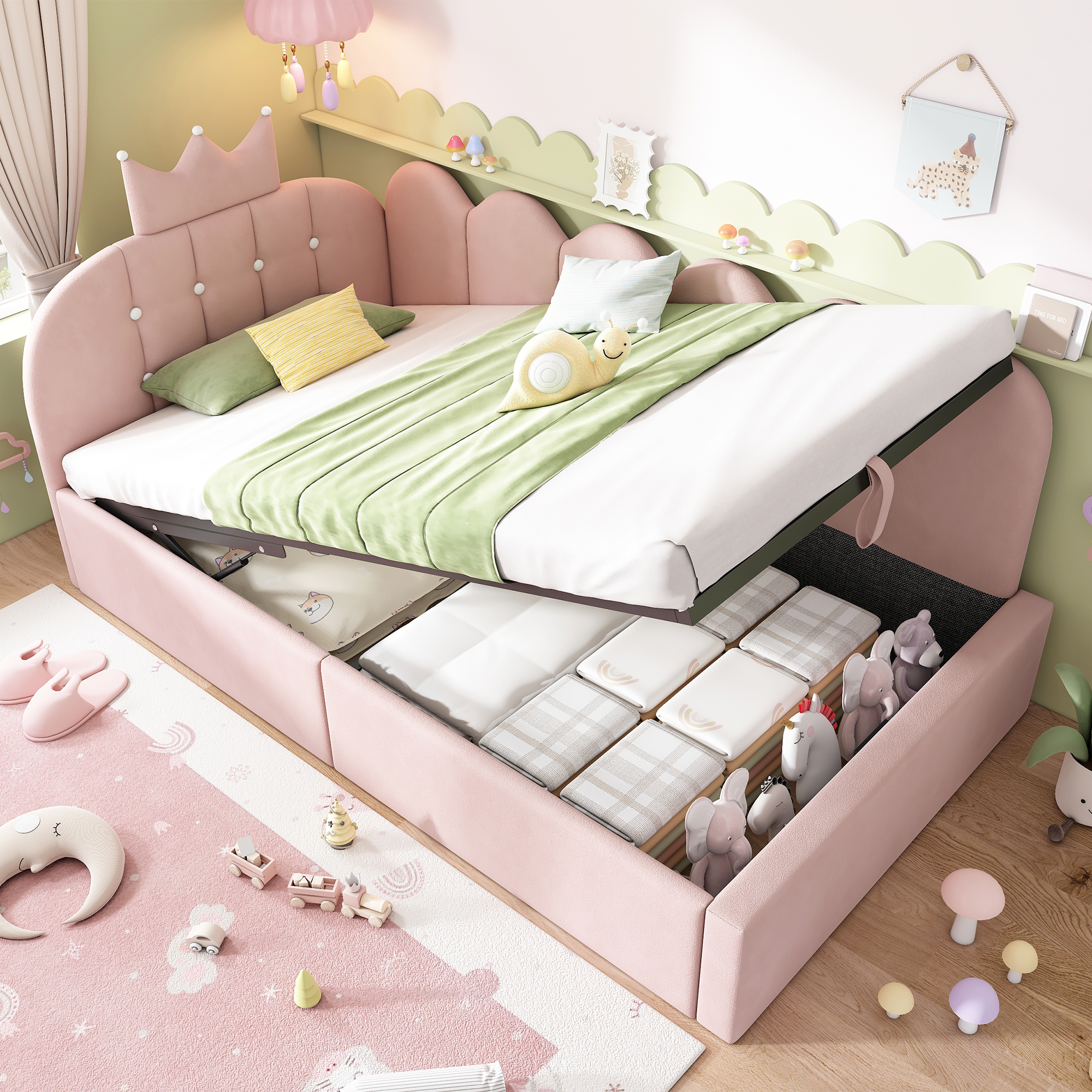 Upholstered Bed Day Bed 90x190 Cm, Daybed Sofa Bed With Storage Space  Hydraulic ,guest Bed L-shape Velvet In  With Crown Lattice Design, Without Mattress