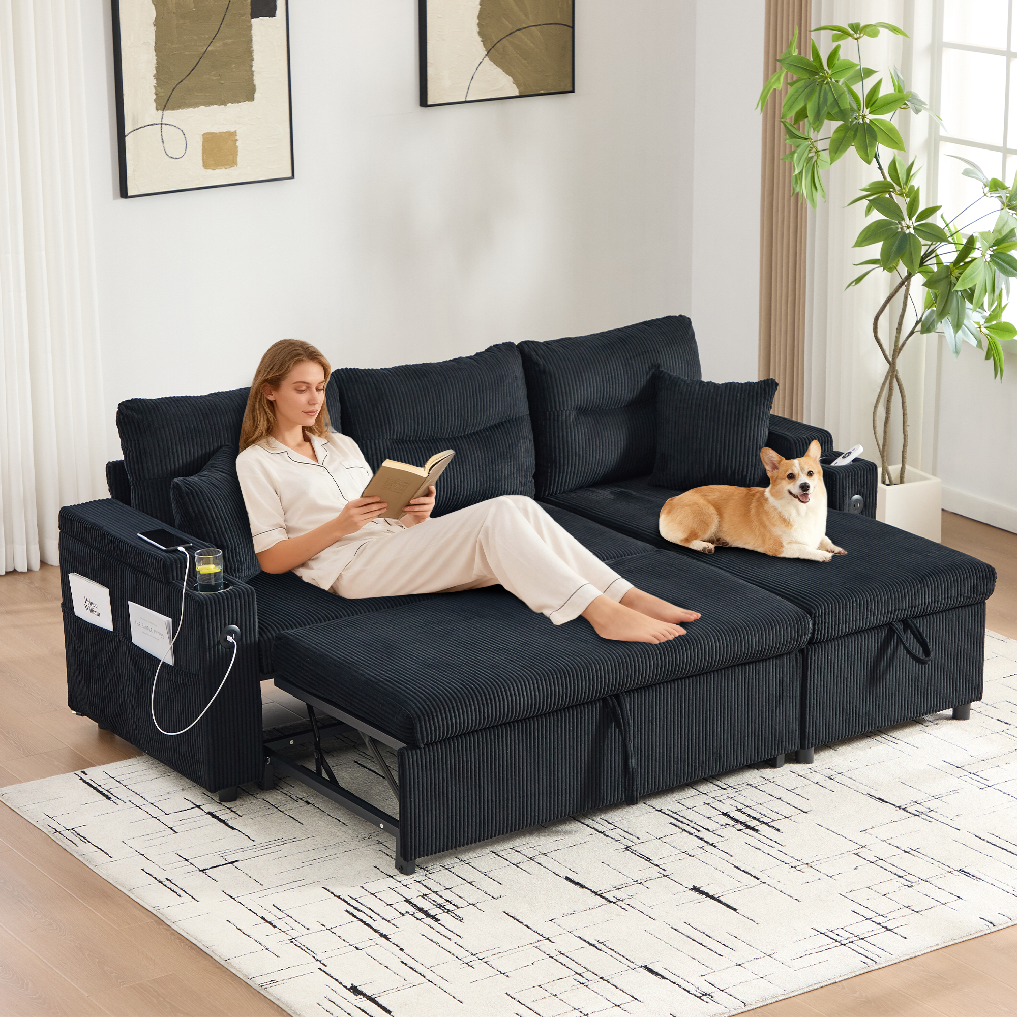 Modern 3-person Corduroy Sofa With Storage, Cup Holders And USB-C. Hydraulic Chaise Longue And Drawer Bed  Stylish Design Meets Comfort, Flexibility A