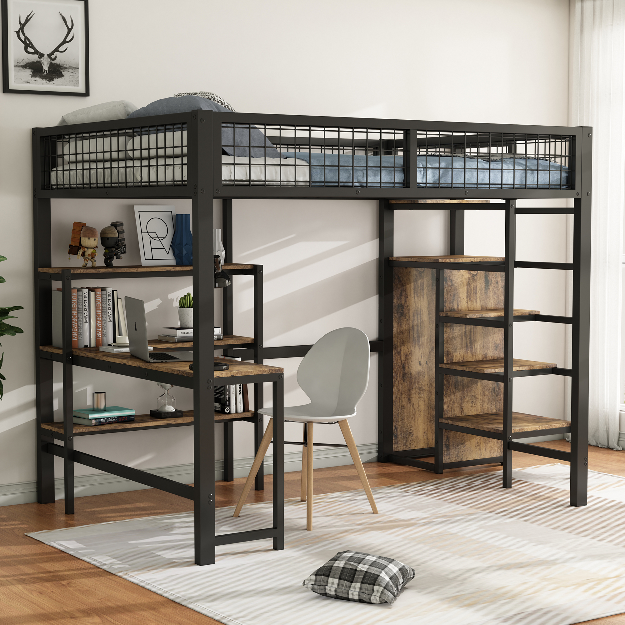 Loft Bed, 140x200 Cm, Iron Bed, Storage Ladder, Several Shelves, Without Mattress, Built-in Wardrobe, Desk, Black