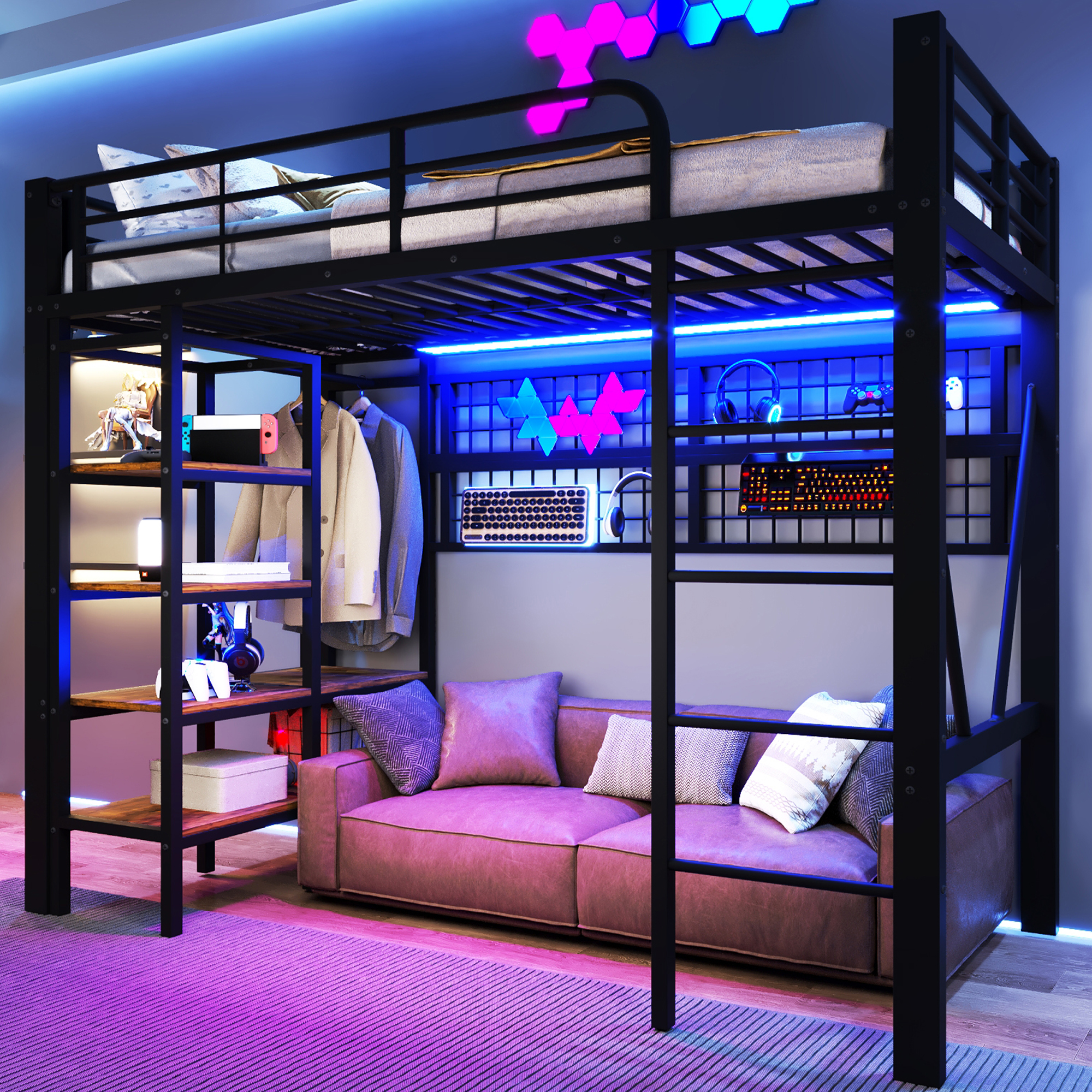 Loft Bed, 90 X 200 Cm, Iron Frame, Storage Compartment, Net For Hanging Objects, With Clothes Rail, Open Space Under The Bed, With LED Light Strip, Without Mattress, Black