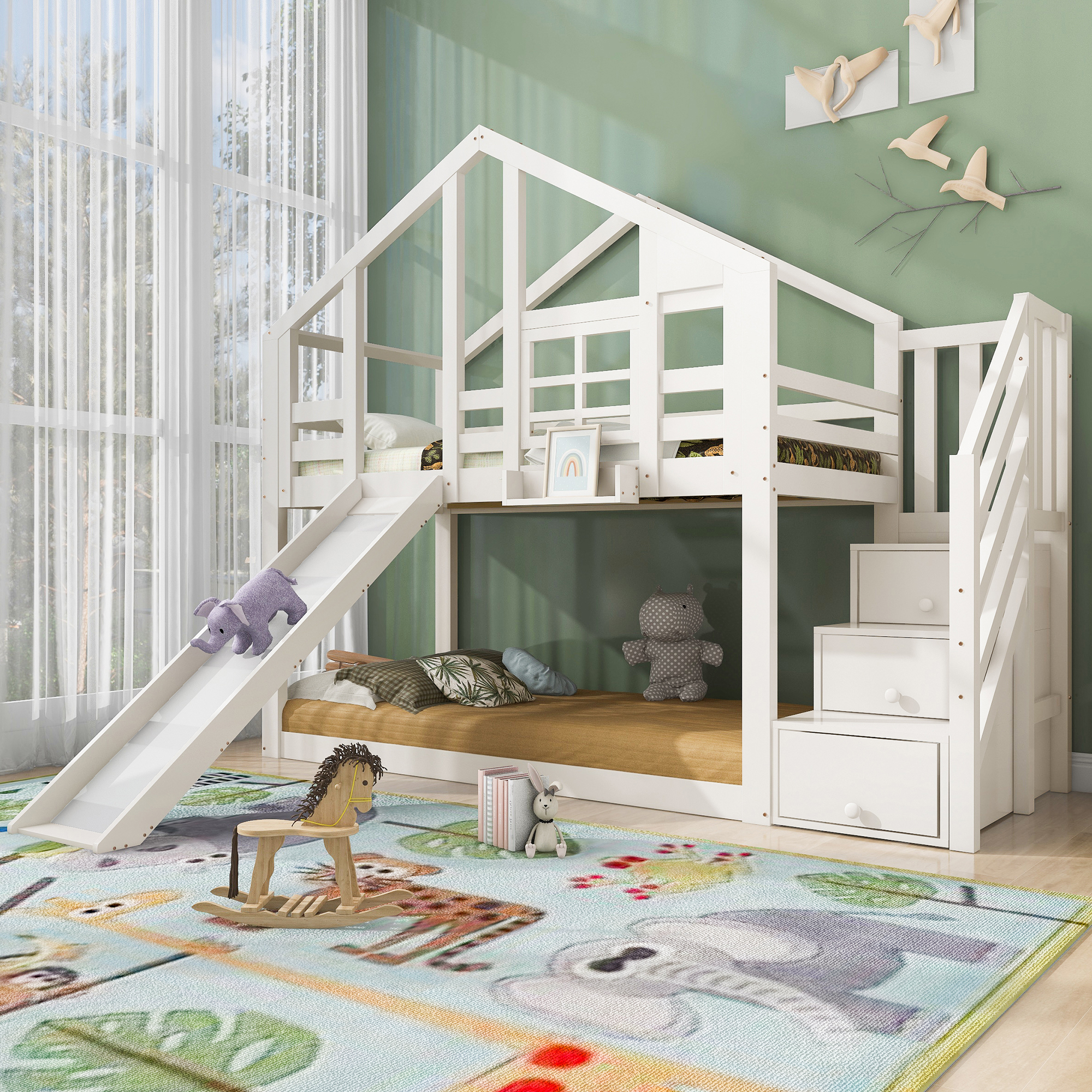AB407454567W Children's Bed Tree House 90 X 200 Cm, Bunk Bed For Children In Window Construction With Slide And Fall Protection, White, 2x Slatted Frame  Without Mattress