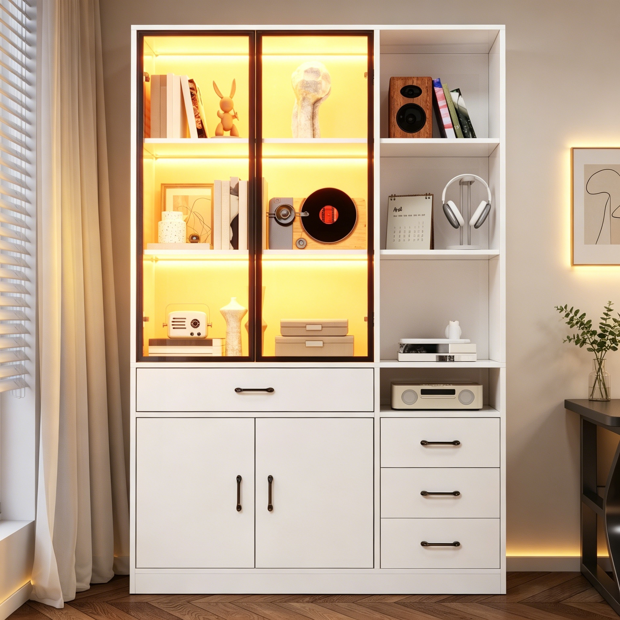 Tall Cabinet With Glass Cabinet & LED, 120x35x200cm White Bookcase With 13 Storage Areas, 4 Drawers & Doors Showcases, Storage Cabinets, Cabinets, Suitable For Dining Room And Living Room