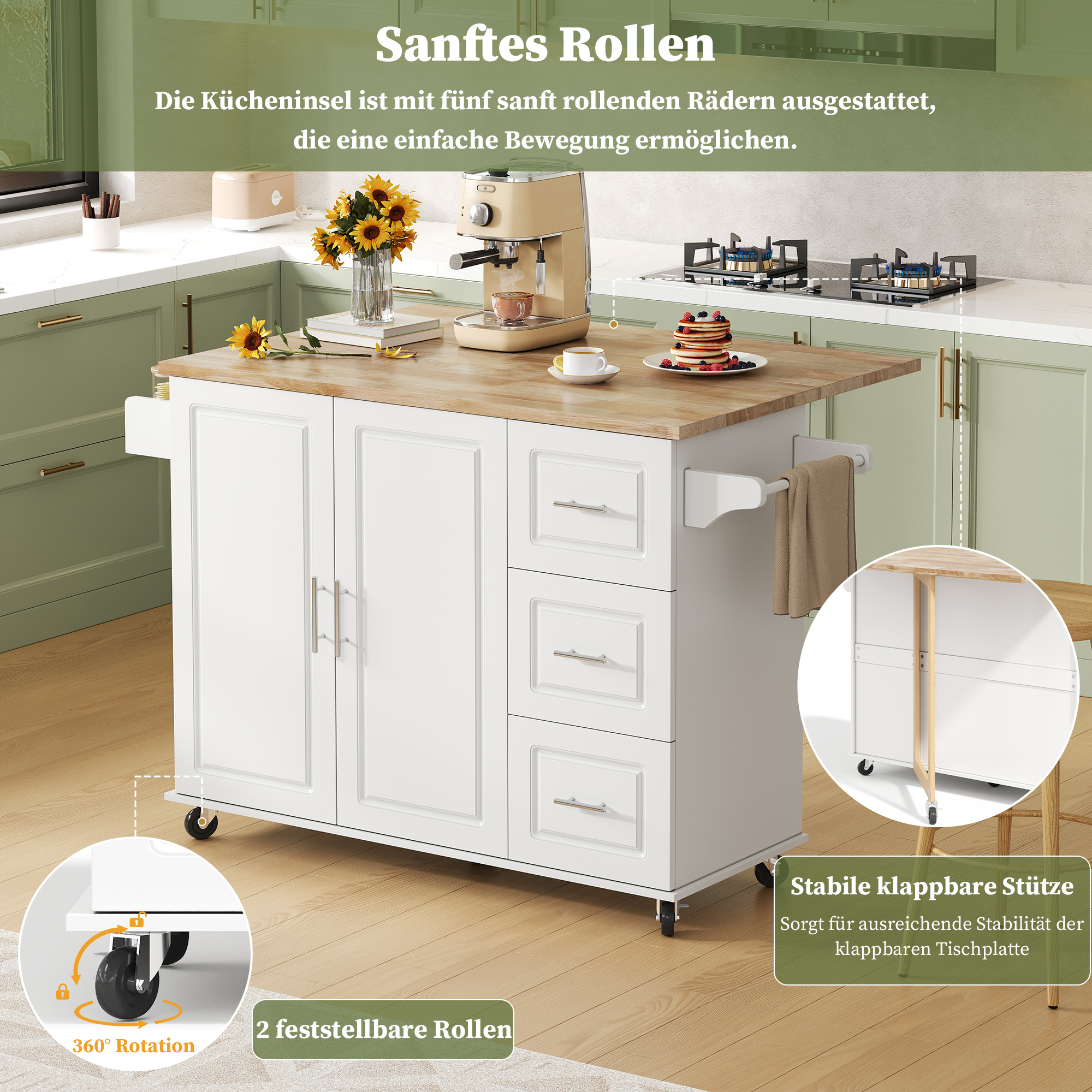 Îlot de Cuisine Mobile 137cm - Plan de Travail Chêne, Design Pliant