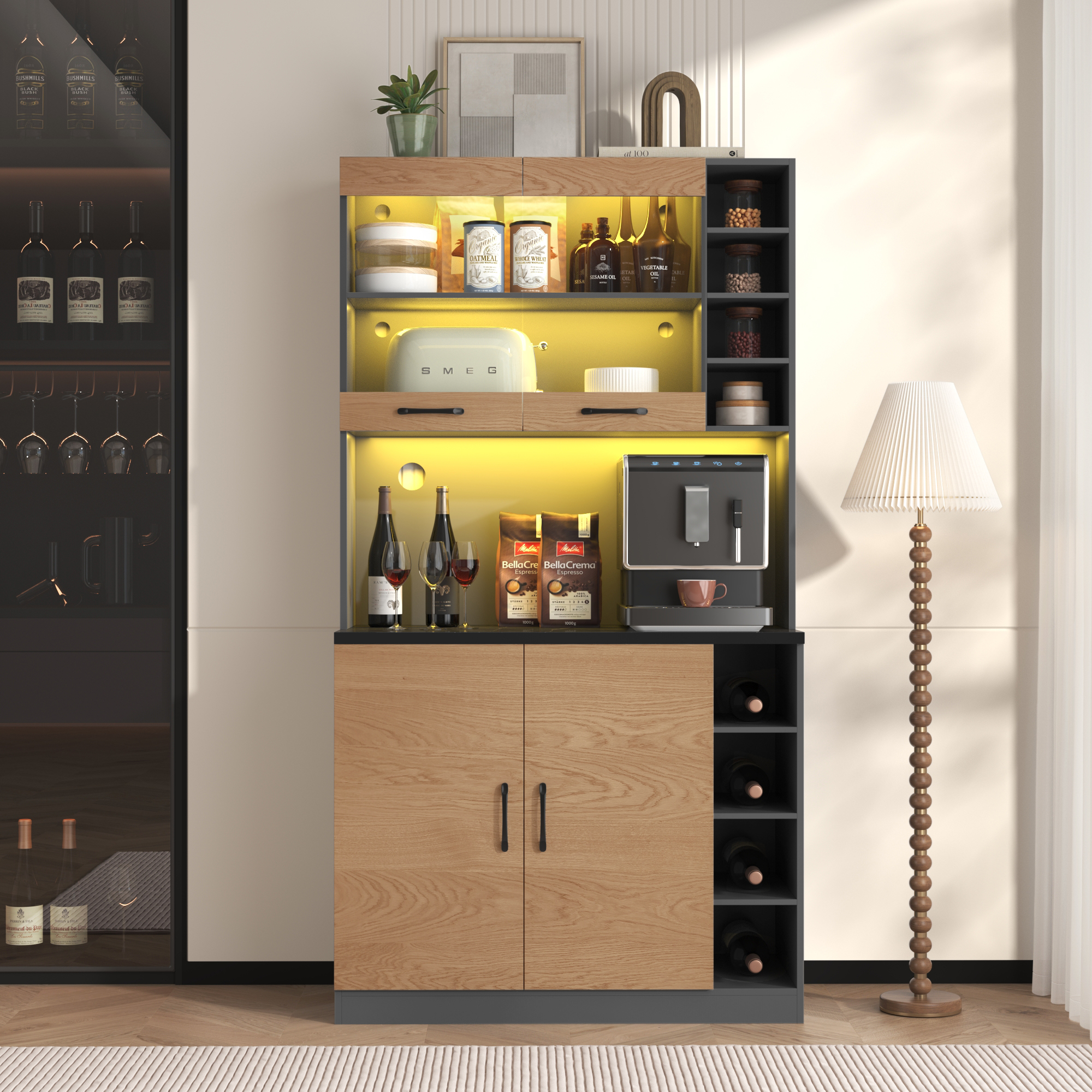 100x47x187cm, Kitchen Cabinet, Buffet With LED Ambient Lighting And Cable Holes, Wooden Kitchen Highboard, Large Space For Microwave, Freestanding, Height-adjustable Side Storage Compartments