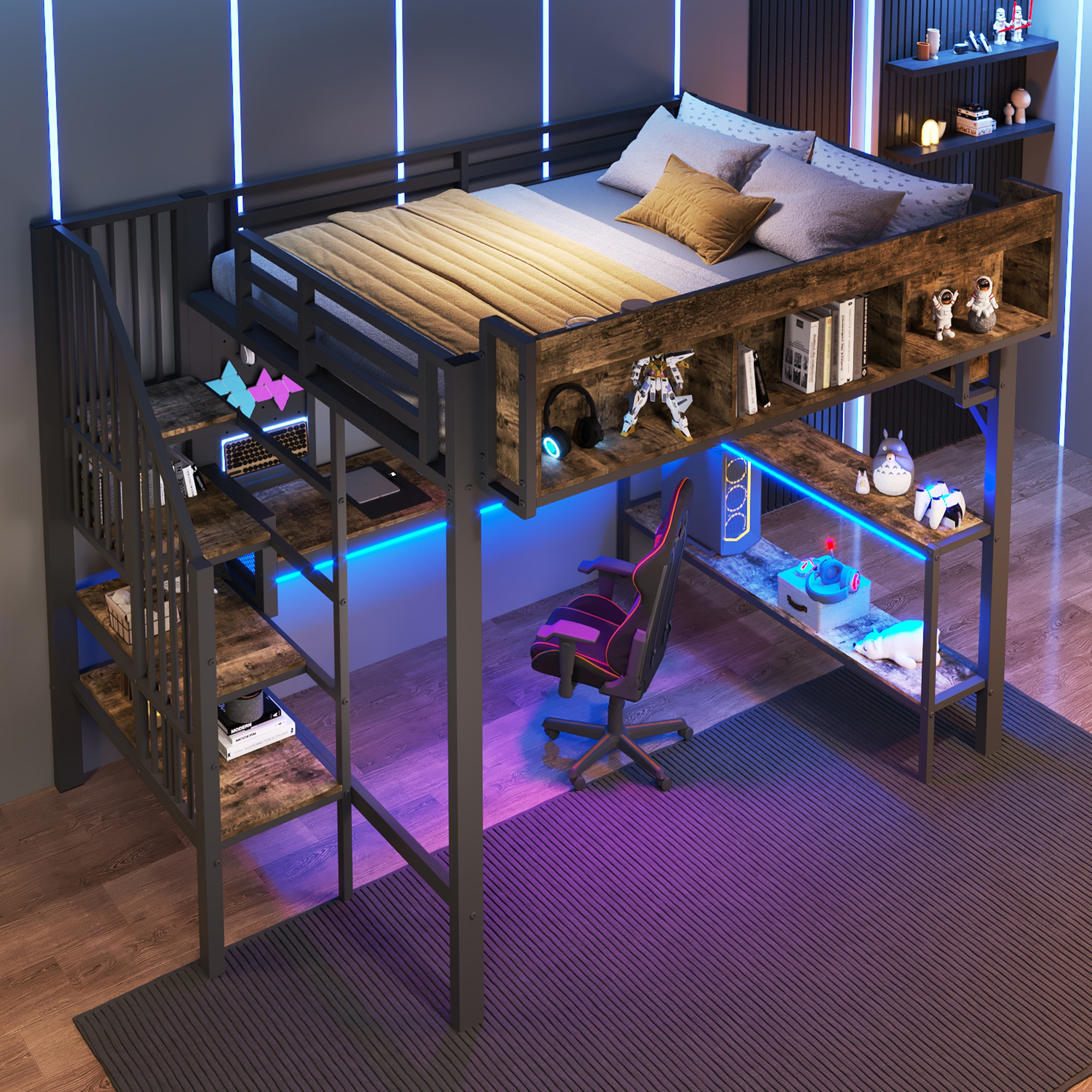 Loft Bed 140x200 Cm Vintage Brown-black With Corner Desk, Storage Space & Perforated Plate, Socket USB Type-C & LED, Large Loft Bed EN747 Without Mat