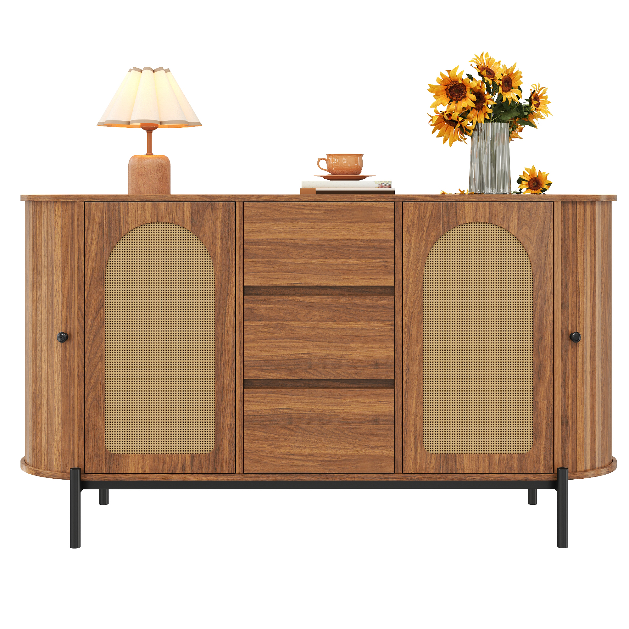 Oval Sideboard With Rattan, Sliding Doors, Doors And Drawers, Adjustable Compartments, Wood Effect, Metal Legs, Multifunctional Storage Cabinet