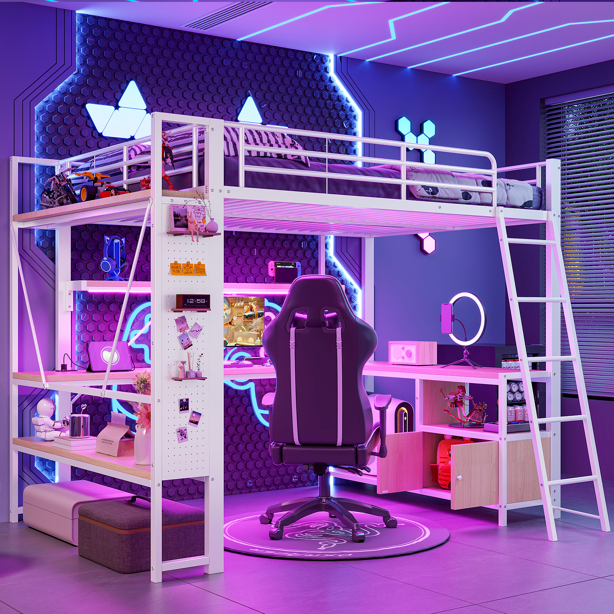 Loft Bed, 140 X 200 Cm, Iron Frame, With LED Light Strip, Desk, Storage Space, Several Shelves, Perforated Wall, USB Port, Without Mattress, White