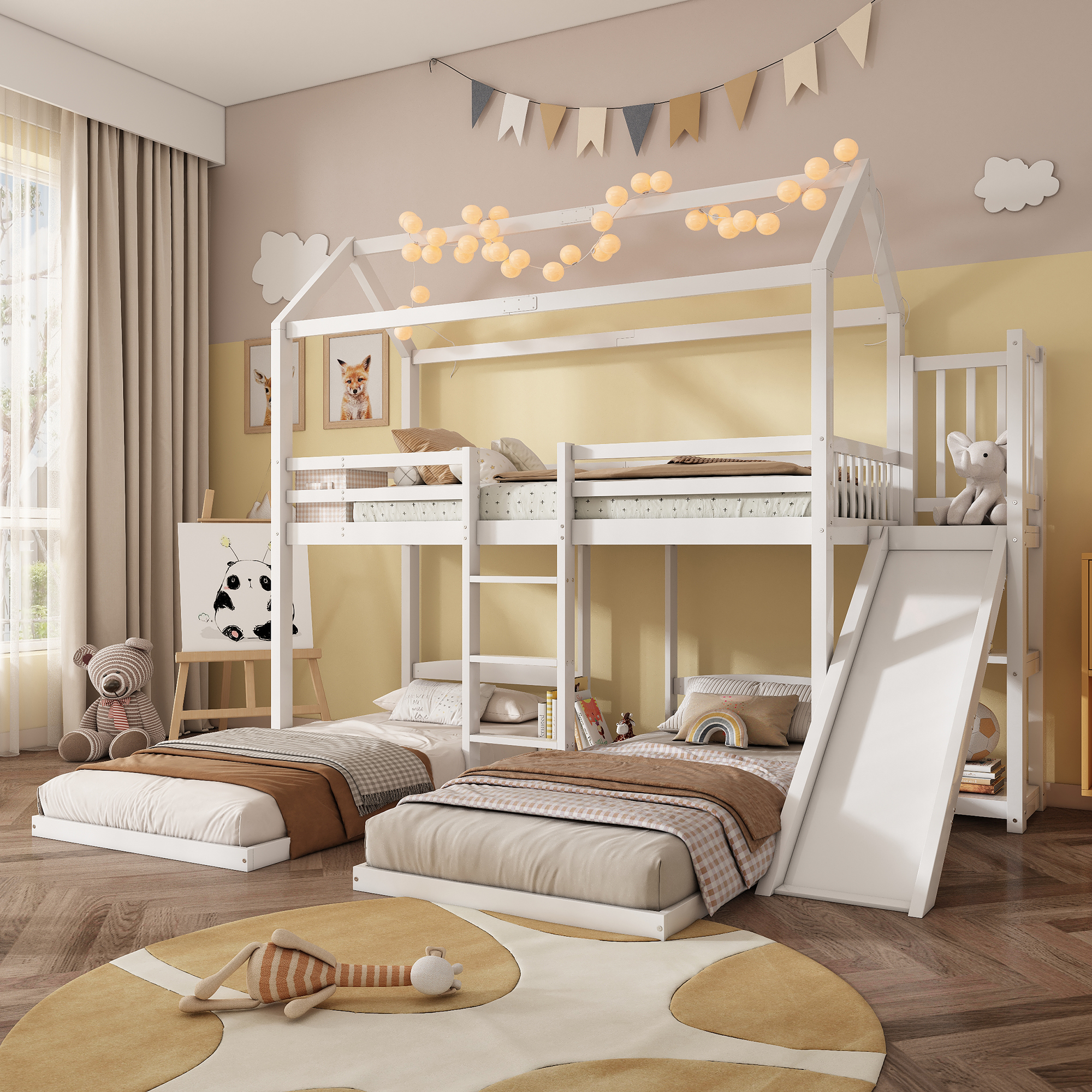 N622T148589W Bunk Bed, Children's Bed, Stable Bed Frame Construction, With Slide, Unique Roof Design, Design With Three Beds, Storage Space In The Upper Bed, Pine MDF, White, 90x200cm