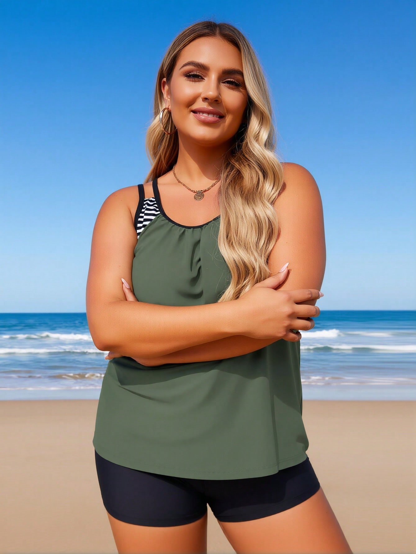 2026 New Plus Size Women's Sexy Fashion Army Green Striped Strap Two-Piece Boyleg Swimsuit For Vacation & Leisure