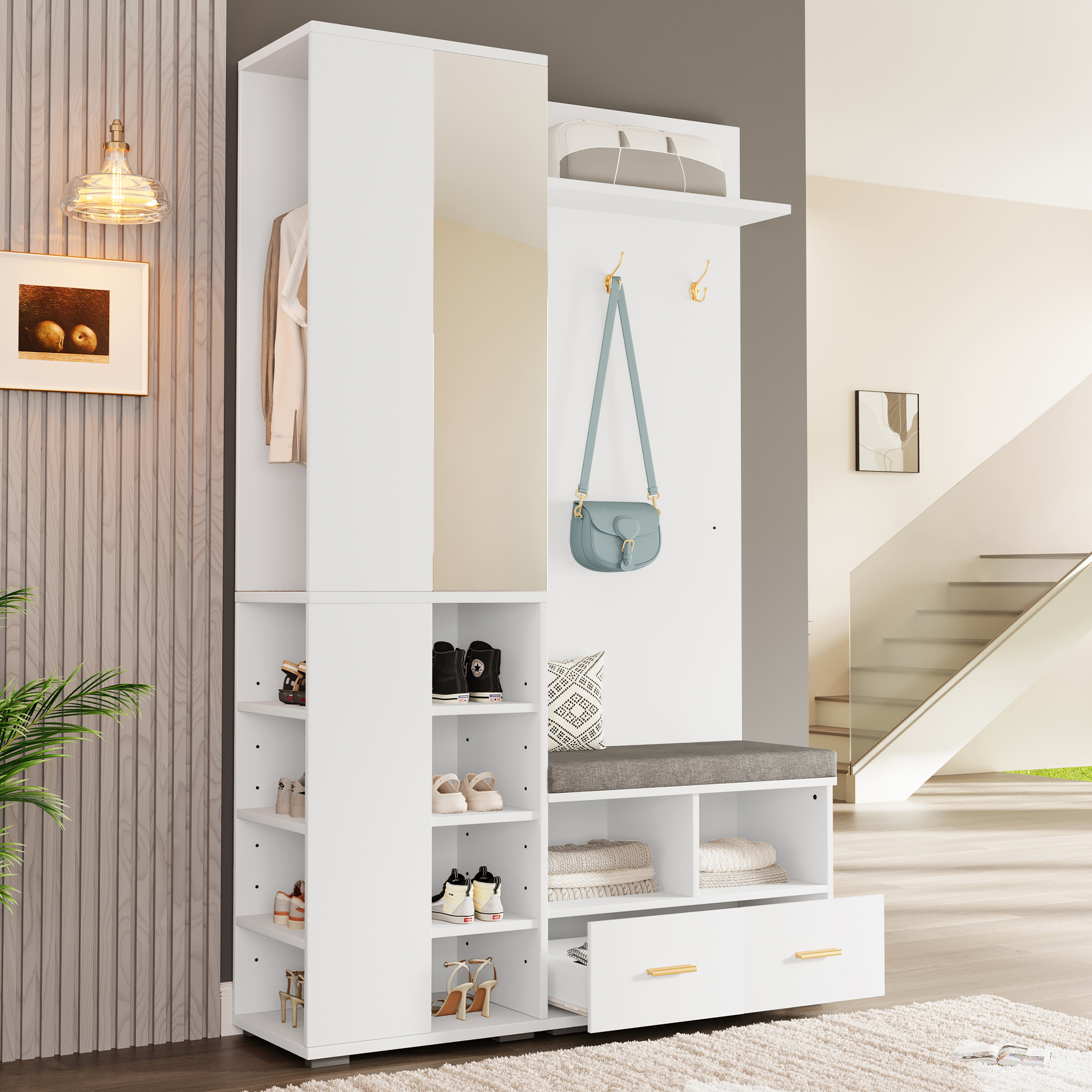 Wardrobe Set Wall Coat Rack, Hallway Cabinet With Mirror, Clothes Rail, Shoe Bench With Openwork Shelf, 3 Hooks, 2 Drawers And Storage Compartment, White, 120x35x190 Cm.