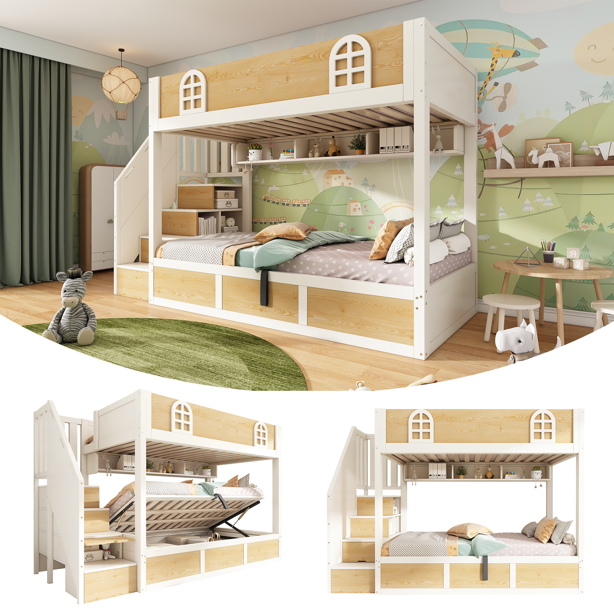 Children's Bunk Bed 90x200 Cm With Stair Cupboard And Storage Space, Double Bunk Bed In White And Natural With Safety Railing And Slatted Frame, Space-saving Bed For Two Children, Without Mattress