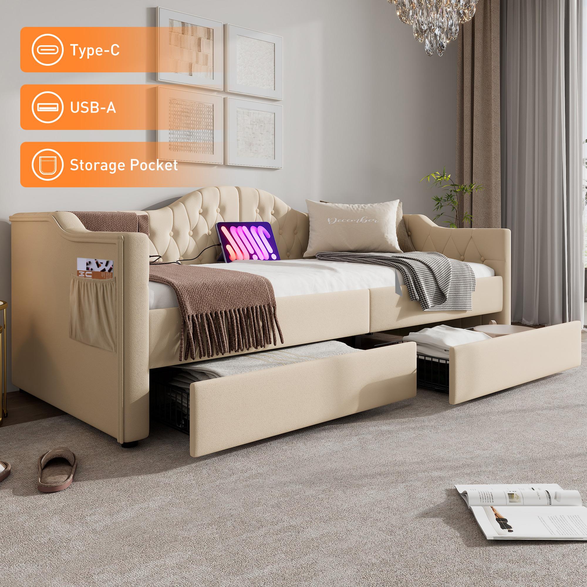 Upholstered Bed Daybed Sofa Bed Storage Beds Bed Frame With USB Type C Charging Function And 2 Drawers 90x200cm Velvet In Beige Velvet  Without Mattress