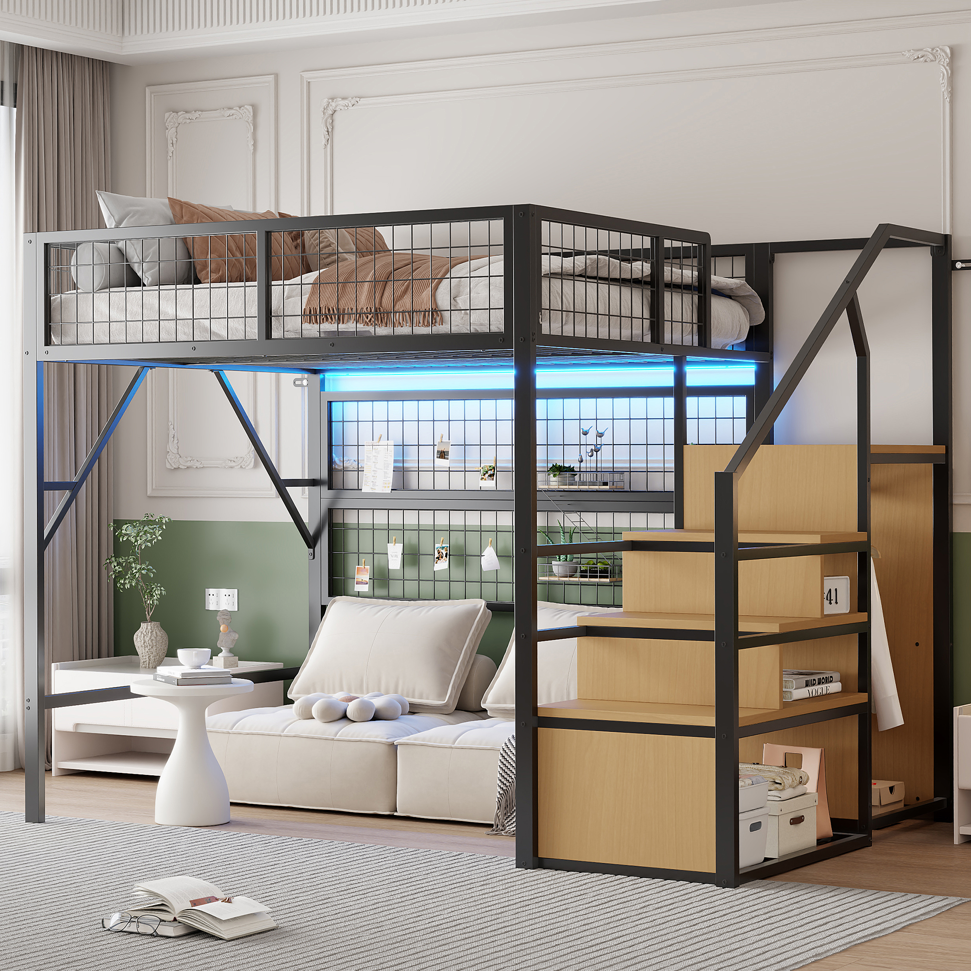Iron Bed, Bunk Bed, Loft Bed 140X200, Suitable For Children And Teens Versatile, Metal Loft Bed With APP-Controlled LED Light Strips Stairs With Storage, Open Wardrobe Black