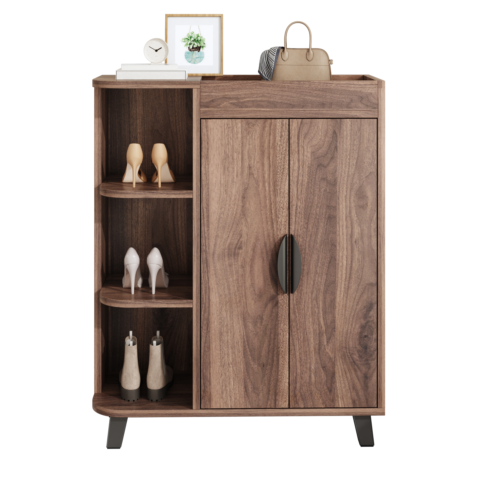 Narrow Shoe Cabinet, Double Door Shoe Cabinet, Shoe Rack With Open Compartments, Wood Effect, Multipurpose Cabinet For Hallway, Small Shoe Cabinet For Small Spaces, With Top Storage Compartment